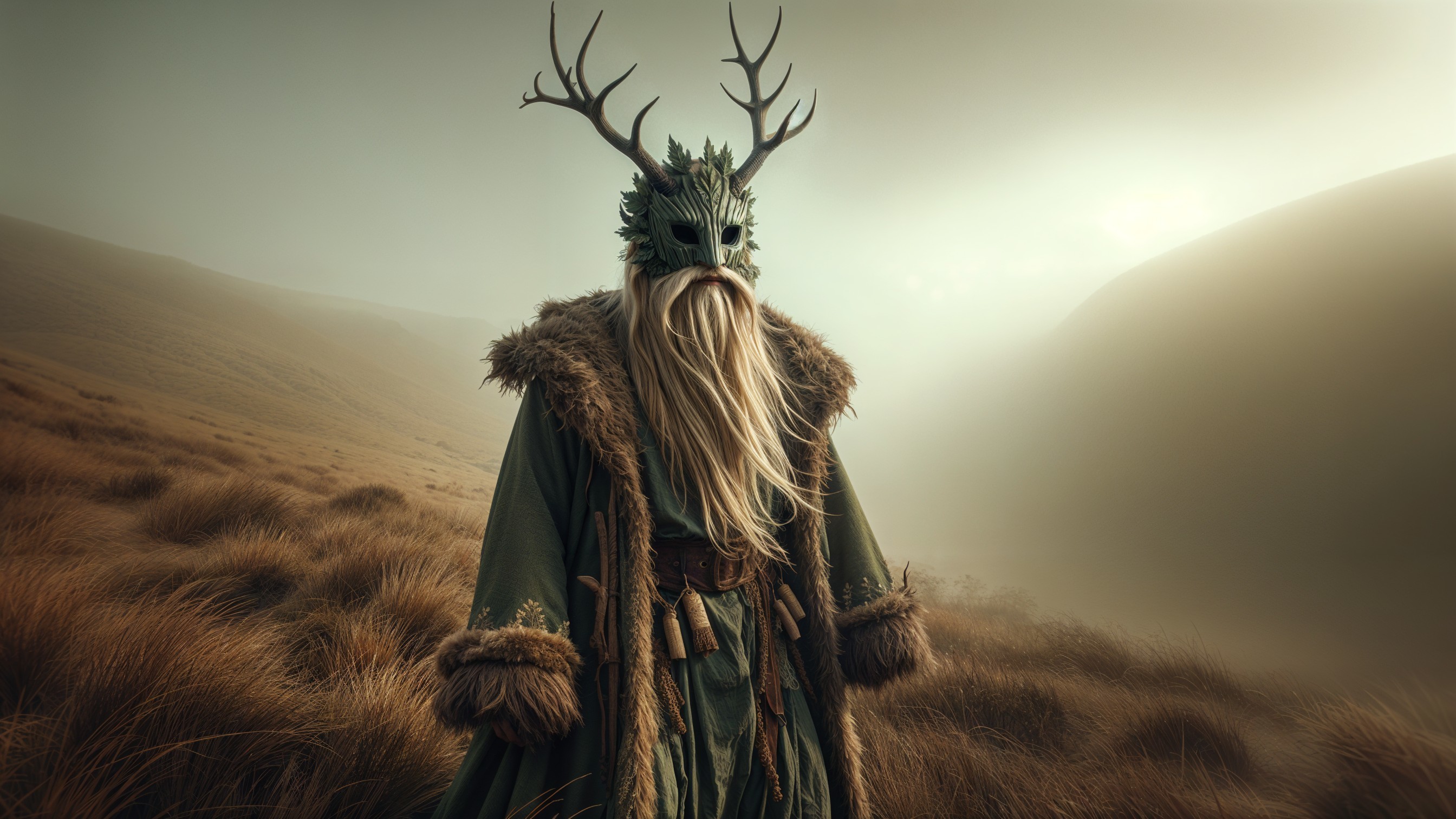 Mystical Figure in Golden Landscape with Antlered Mask