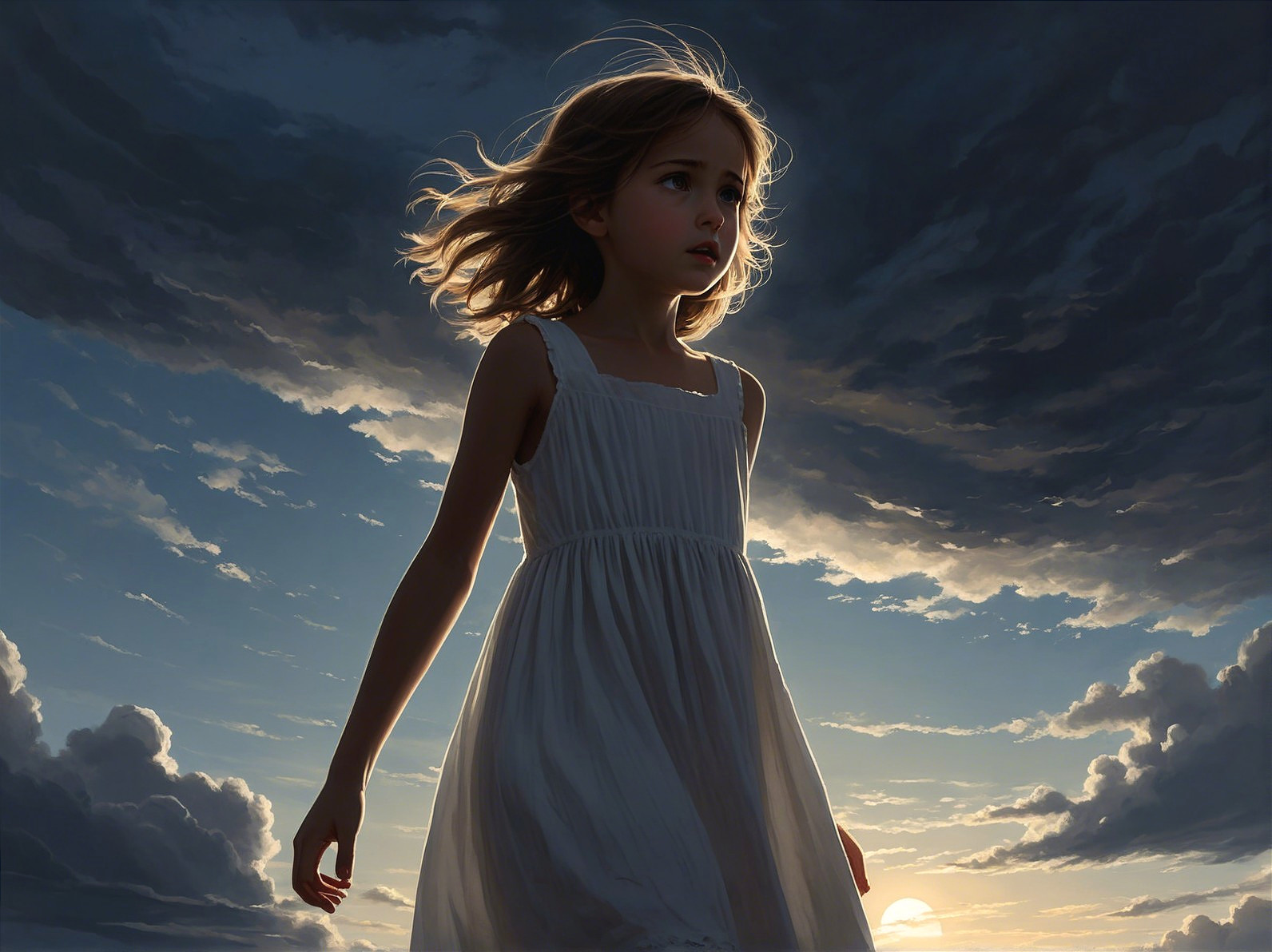 Young girl in white dress against dramatic sunset sky