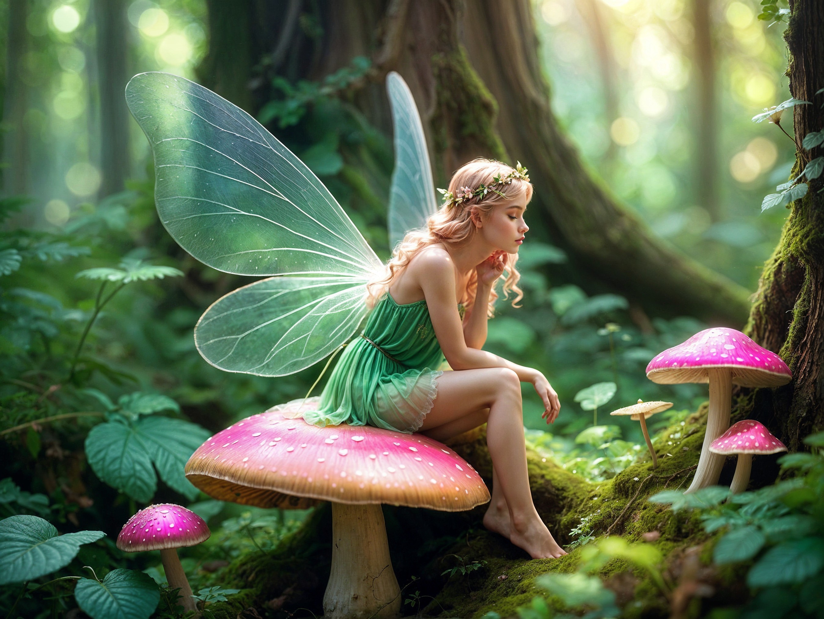 Fairy on Pink Mushroom in Enchanted Forest Setting