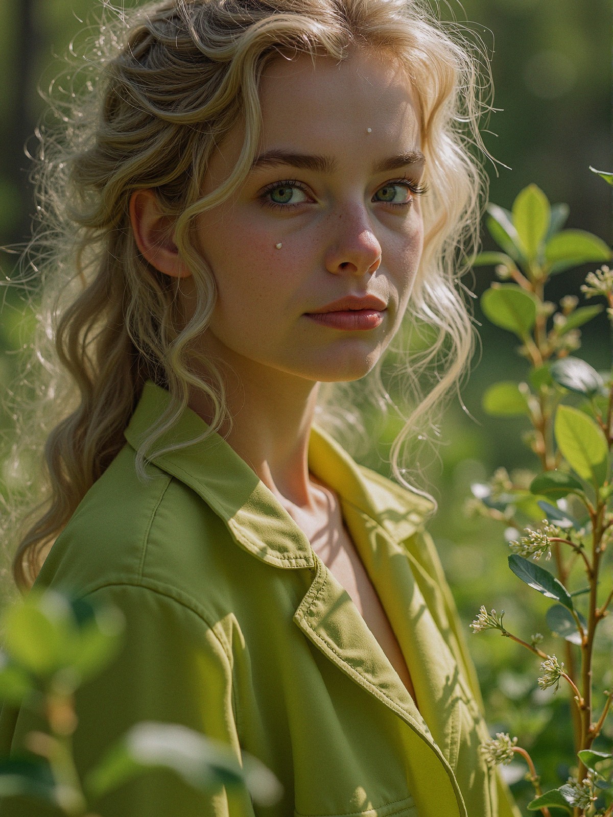 Young Woman in Green Jacket Surrounded by Nature
