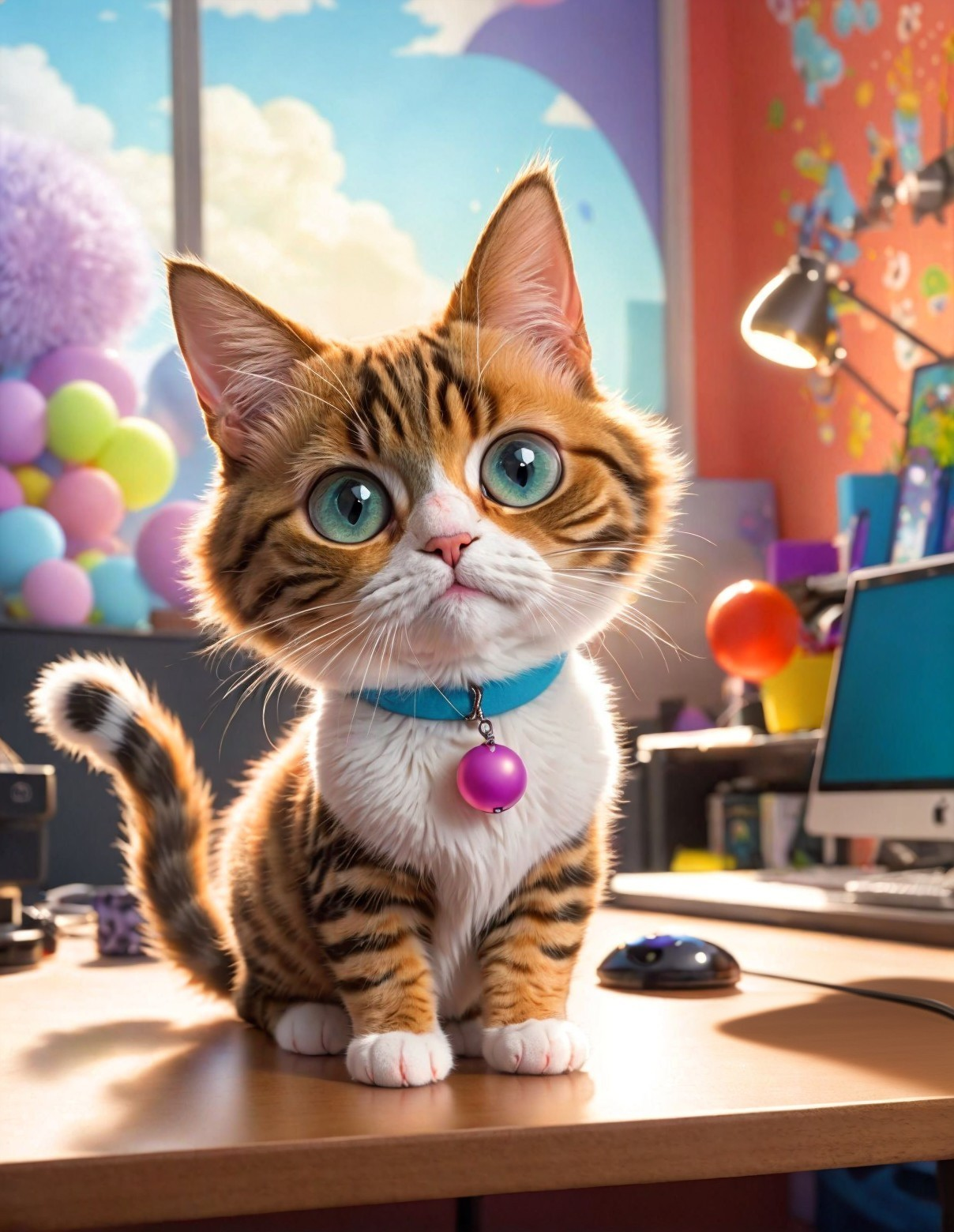 Cartoon Cat on Desk with Colorful Room Background