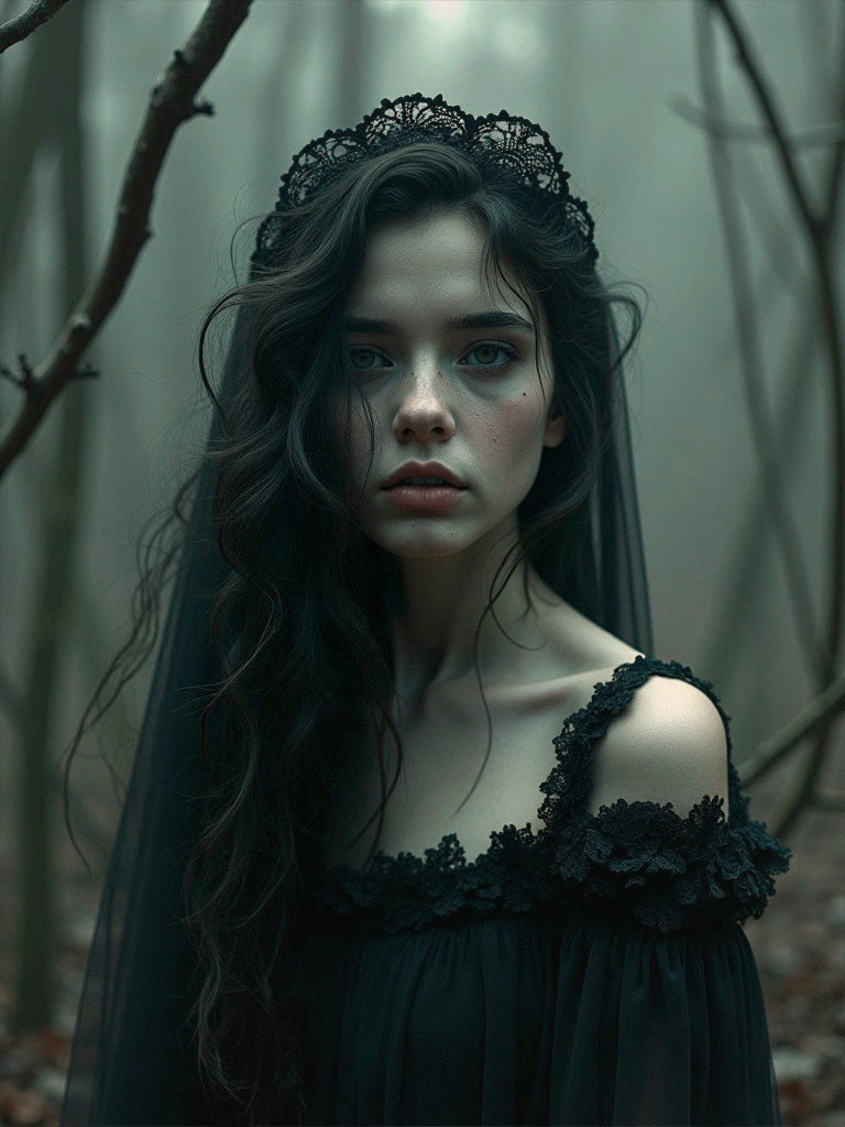 Young woman in misty forest wearing black lace dress