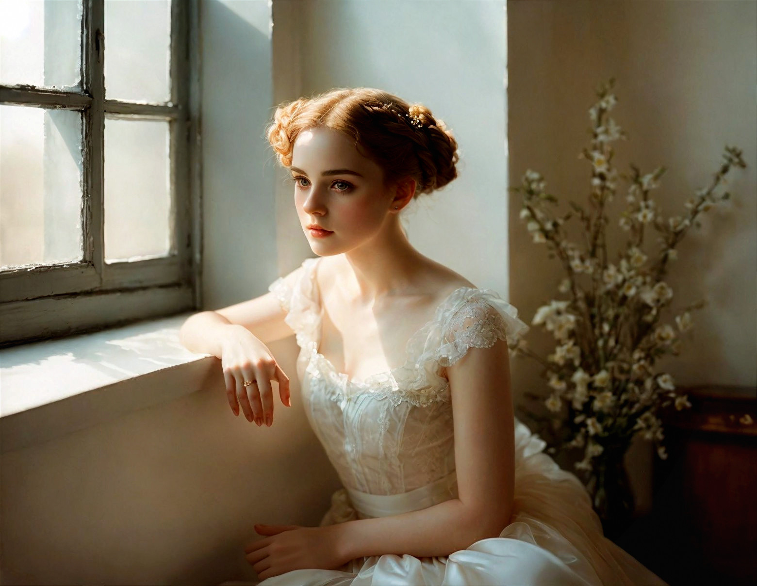 Young Woman in Elegant White Gown by Sunlit Window