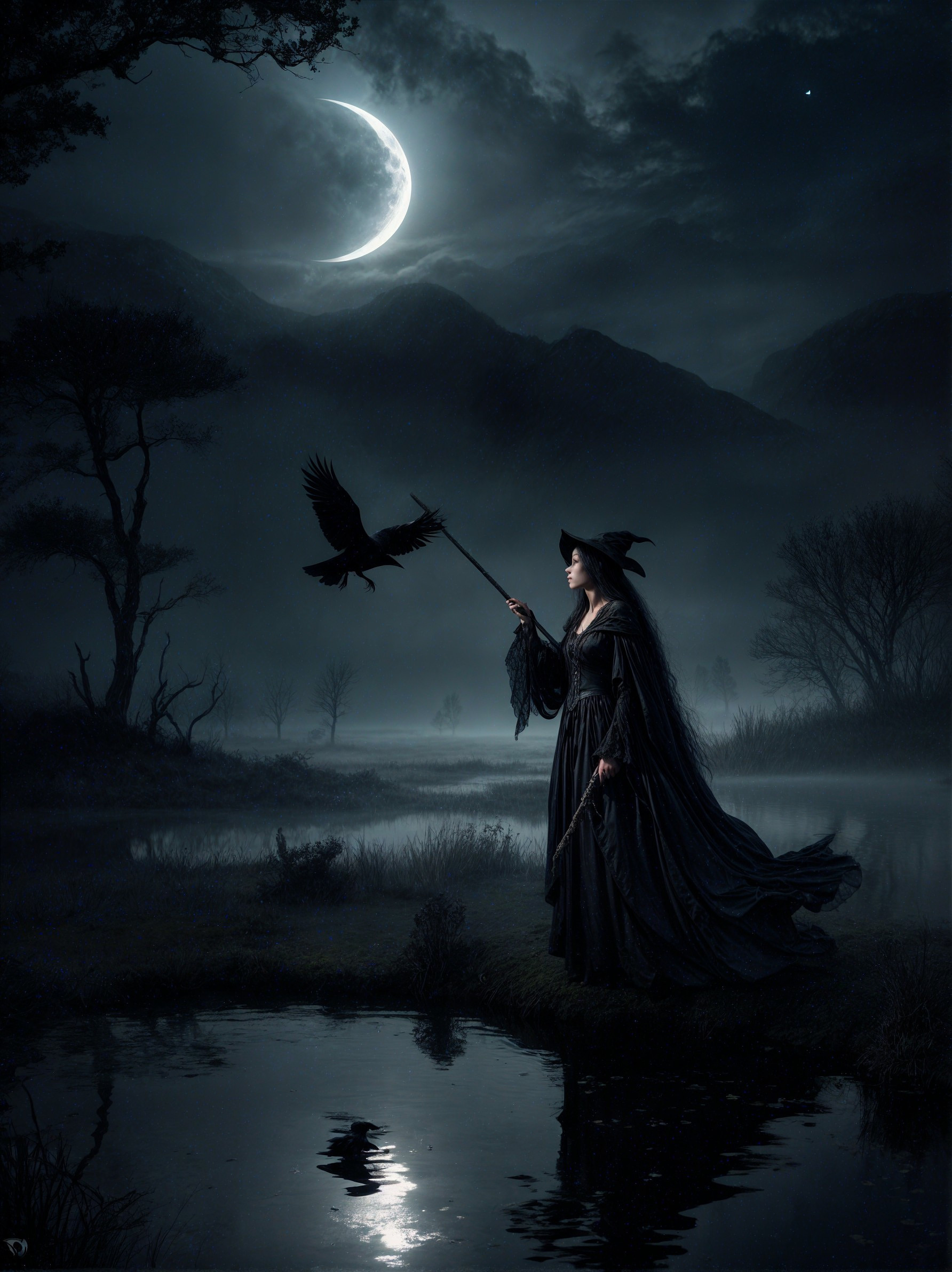 Mystical Landscape with Witch and Crescent Moon