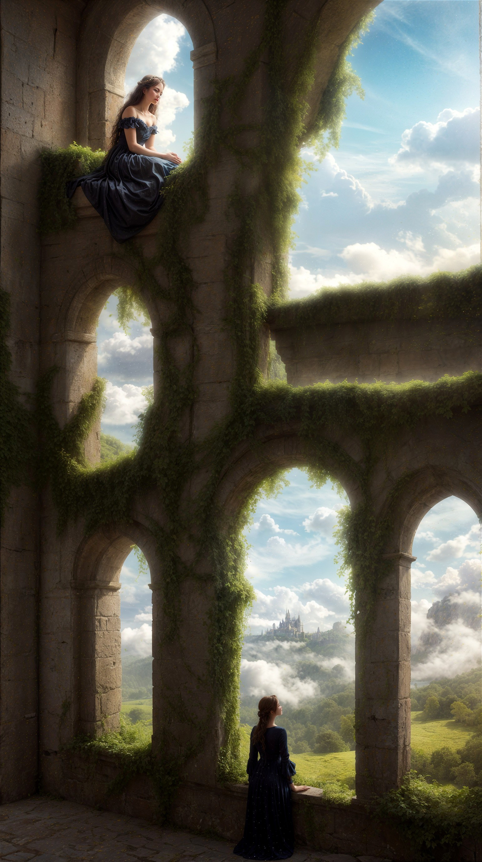 Elegant Women in Flowing Gowns in Mystical Ruins
