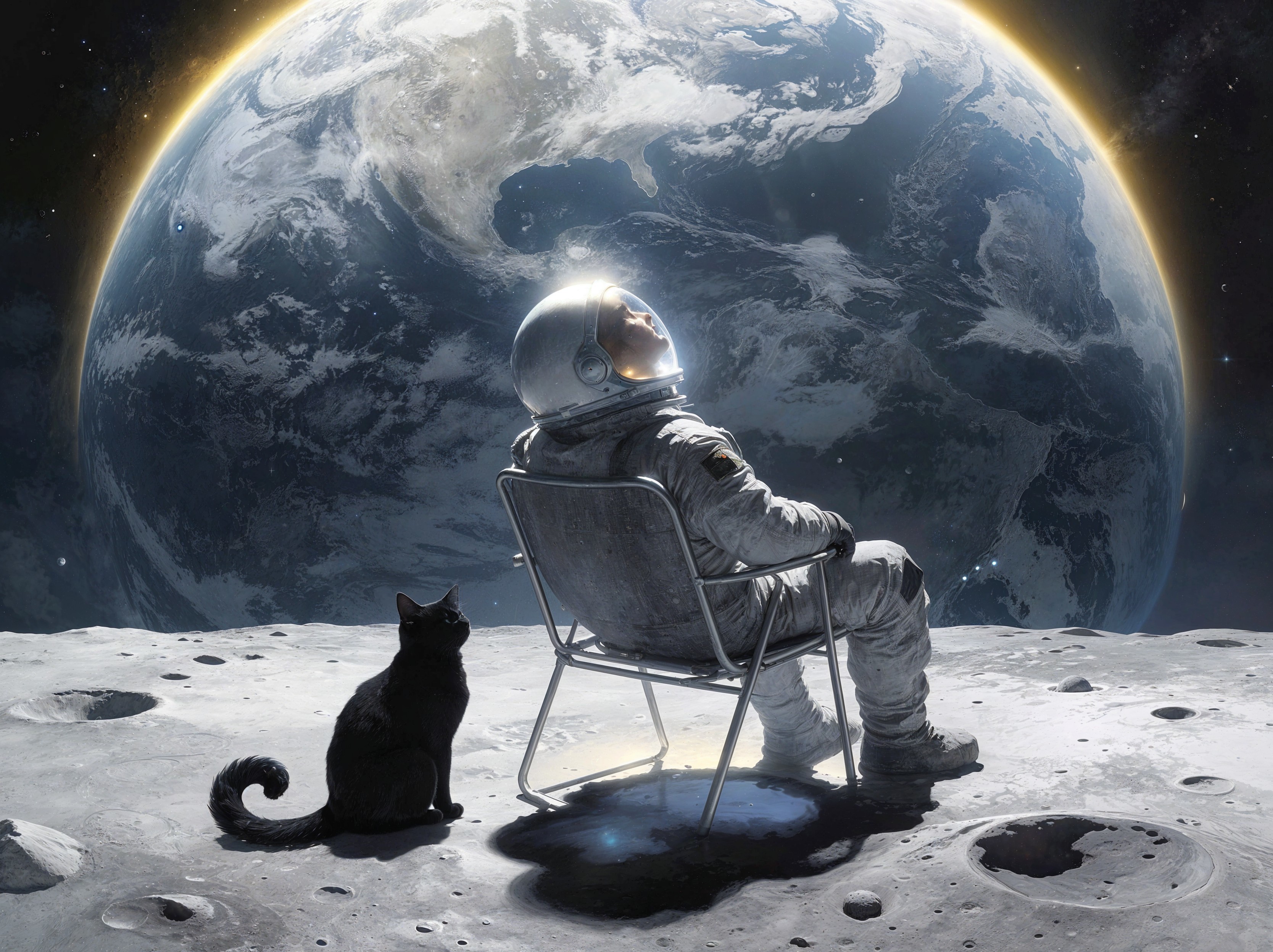 Astronaut and Cat on Moon with Earth in Background