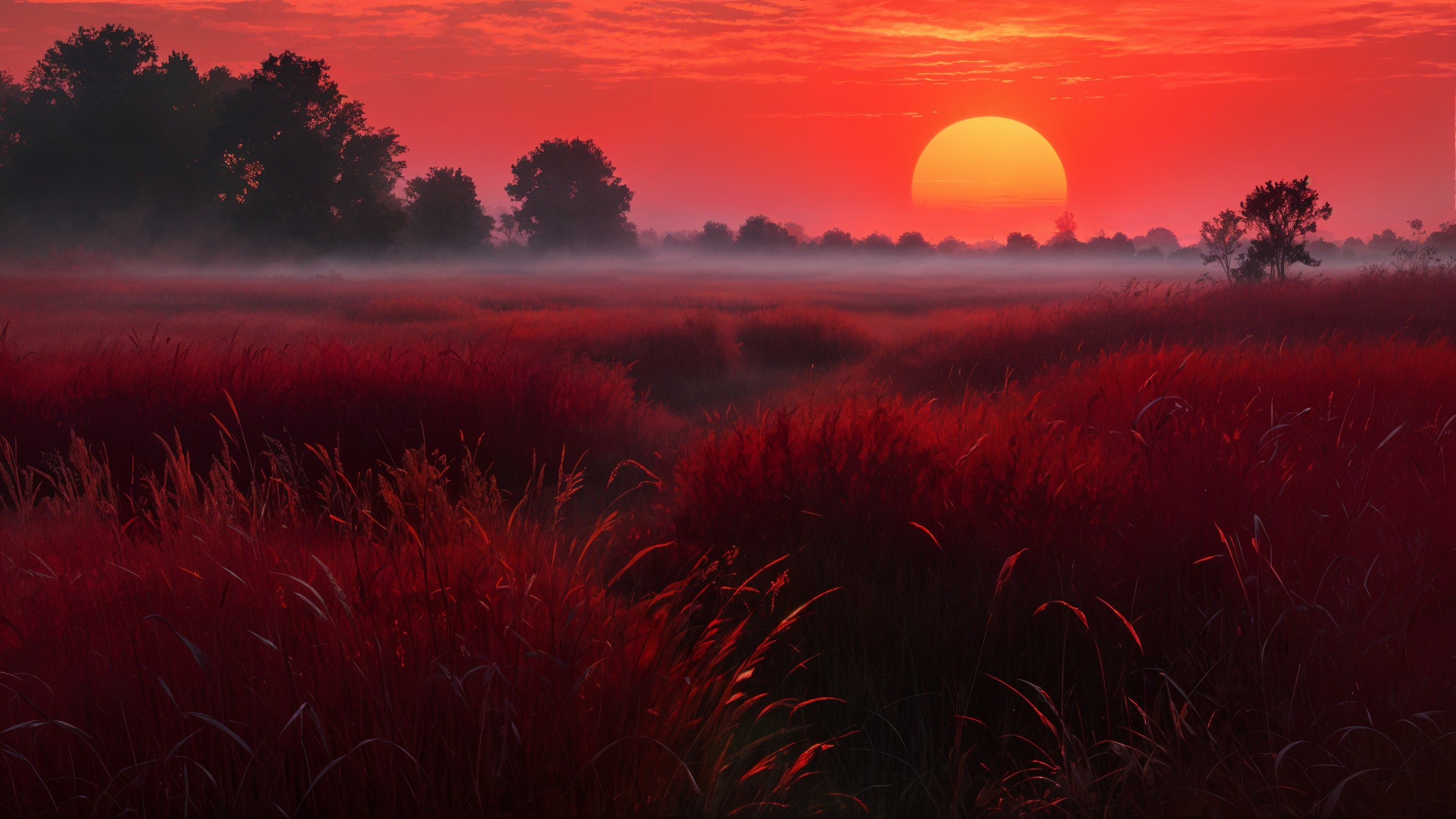 Sunset Over Vibrant Red Grasses and Misty Landscape