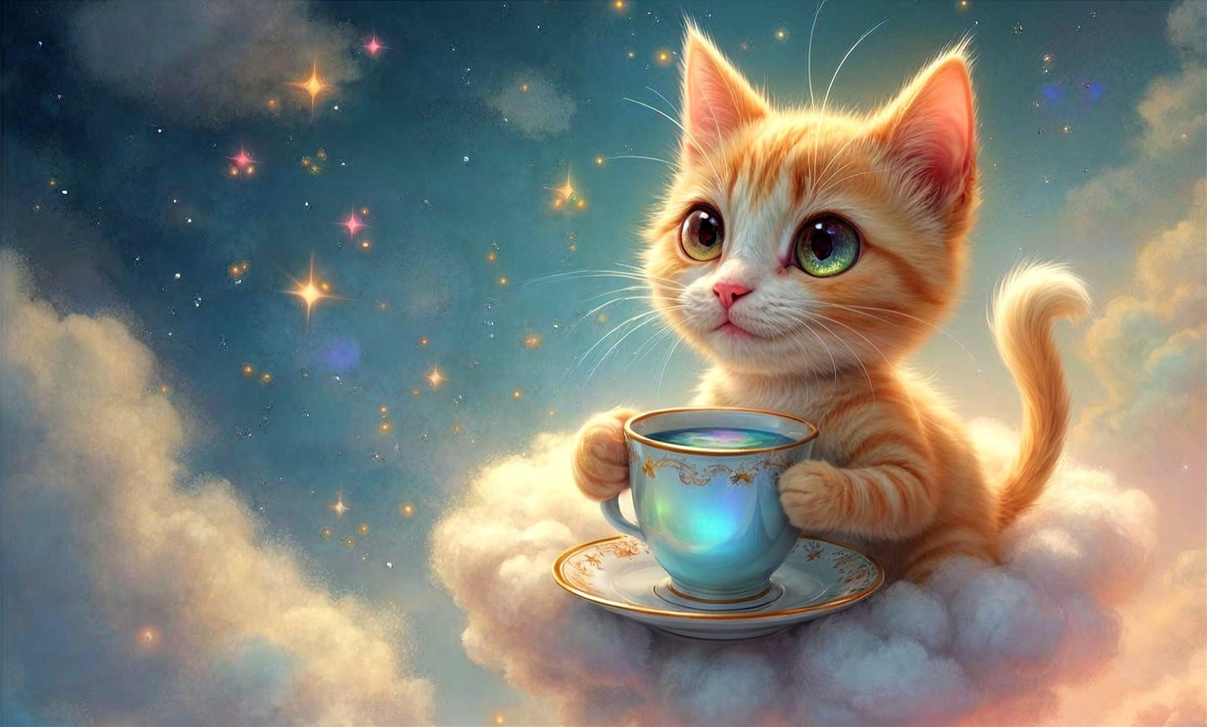Cute Orange Kitten on Fluffy Cloud in Dreamy Sky