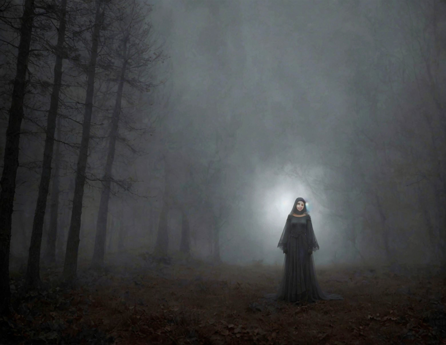 Lone Figure in Misty Forest with Eerie Atmosphere
