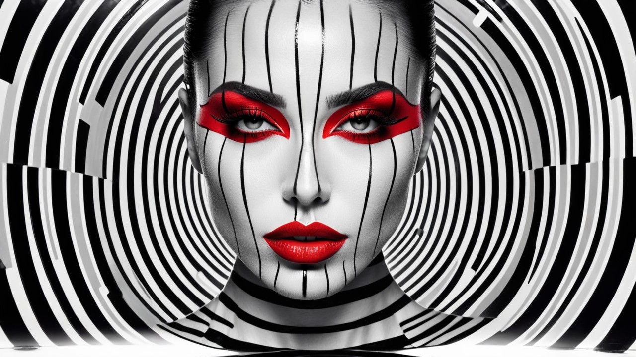 Close-up of female with bold red makeup and stripes