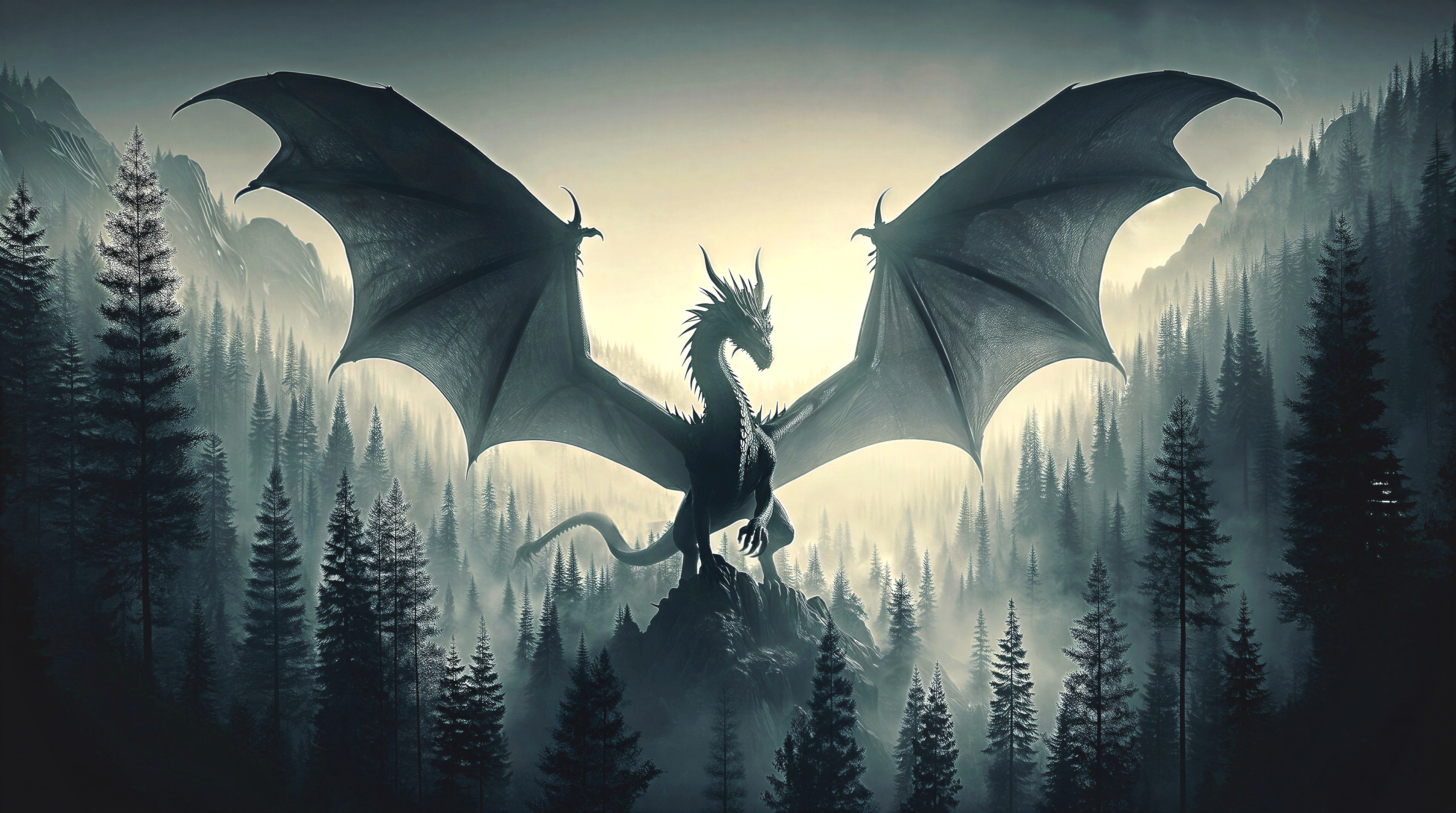 Majestic dragon on rocky outcrop with misty forest