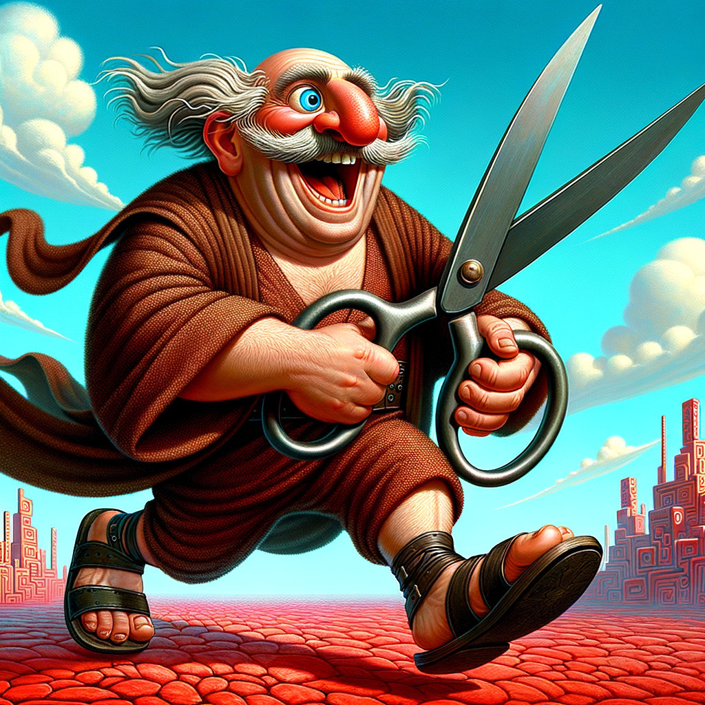 Cartoon Character with Scissors in Whimsical Setting