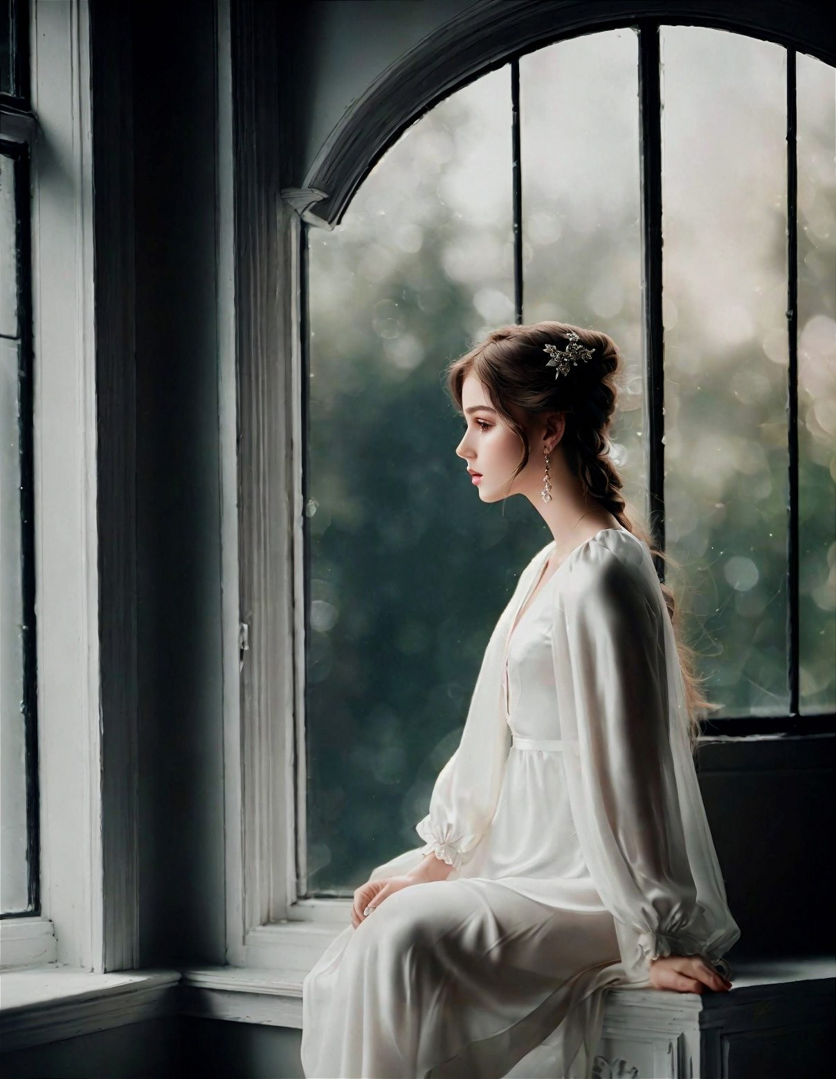 Young Woman in Elegant Gown by Sunlit Window