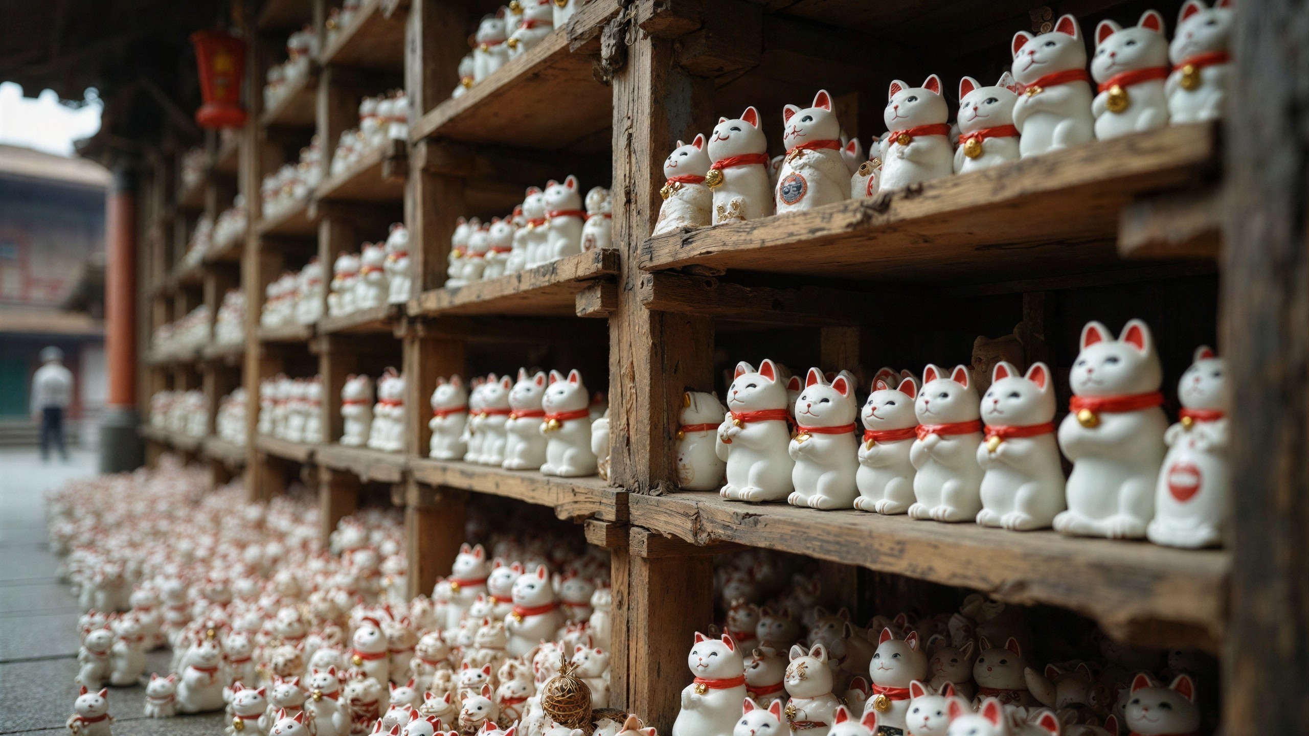 Display of White and Cream Maneki-neko in Shrine