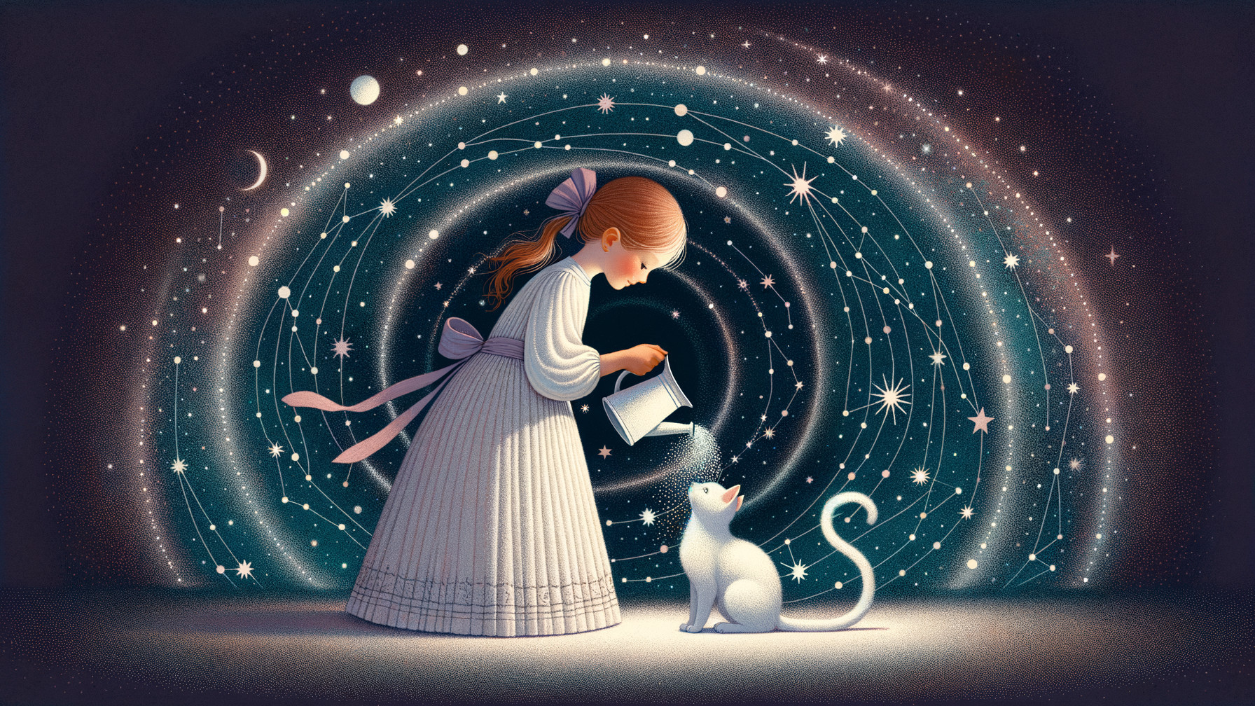 Young girl pouring stardust on a white cat in space
