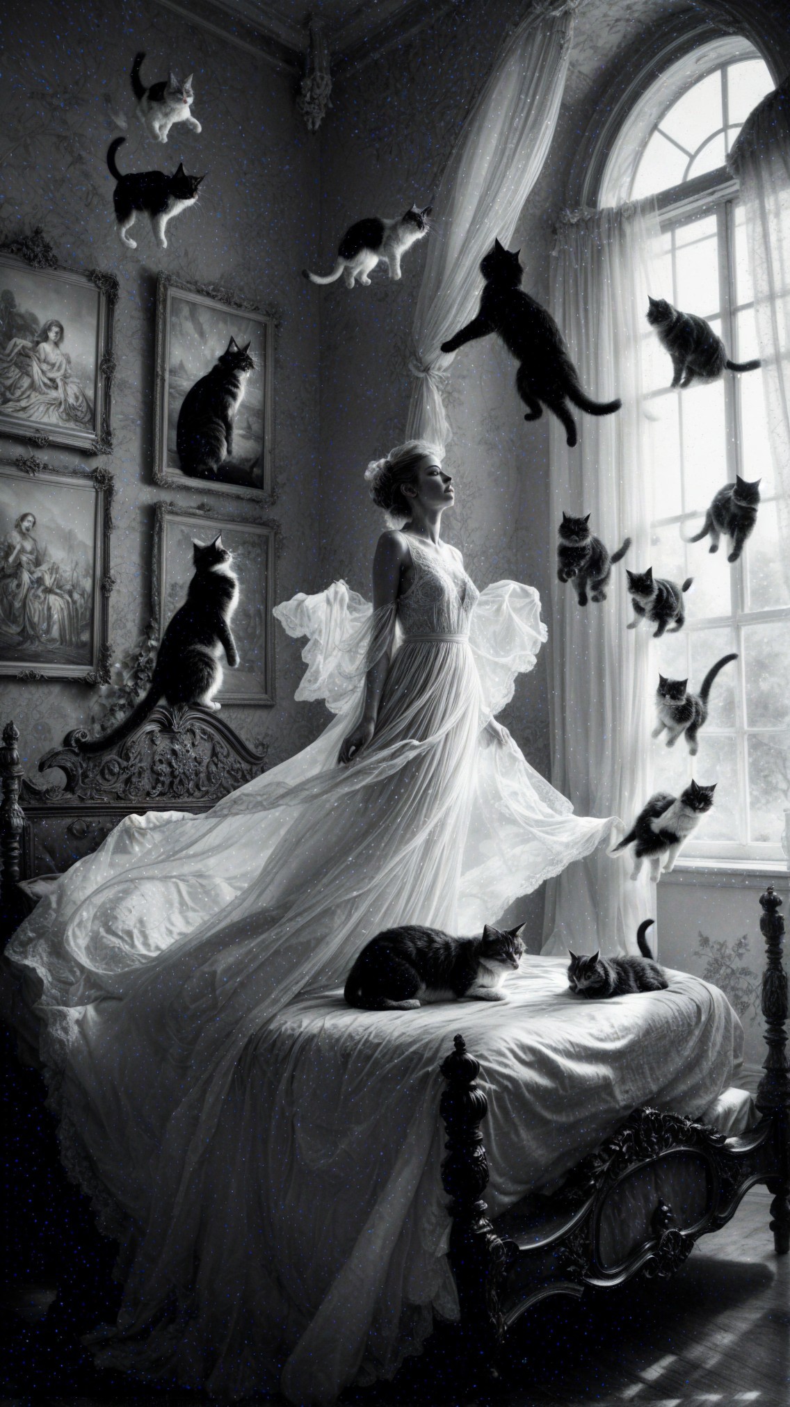 Whimsical Scene of a Woman and Floating Cats