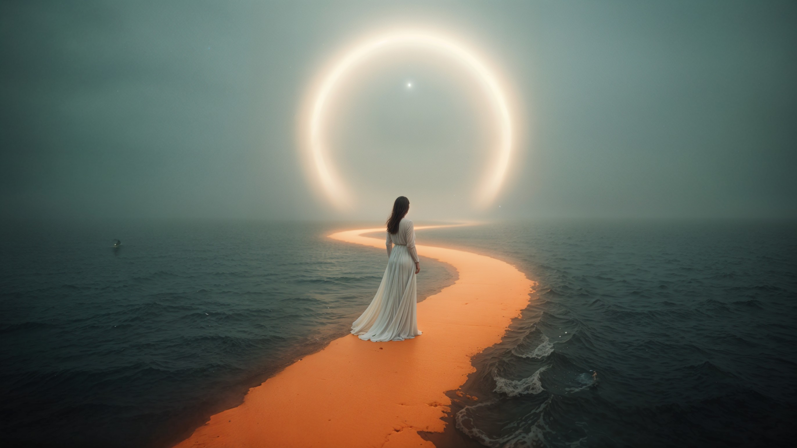 Lone Figure on Orange Path by Misty Sea with Halo