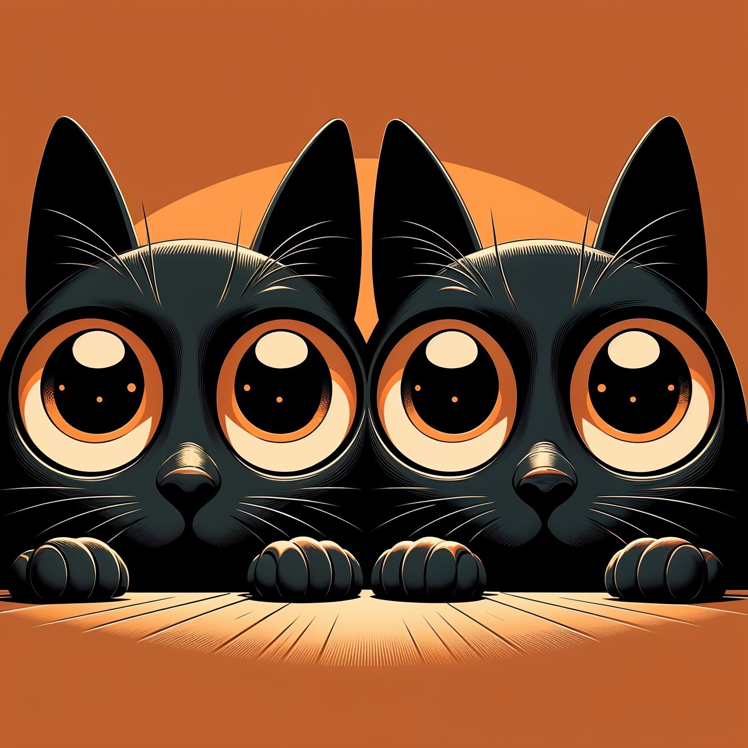 Black Cats with Expressive Eyes on Wooden Surface