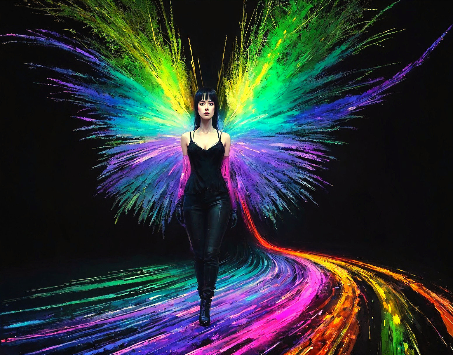 Young woman with abstract rainbow wings and textured colors