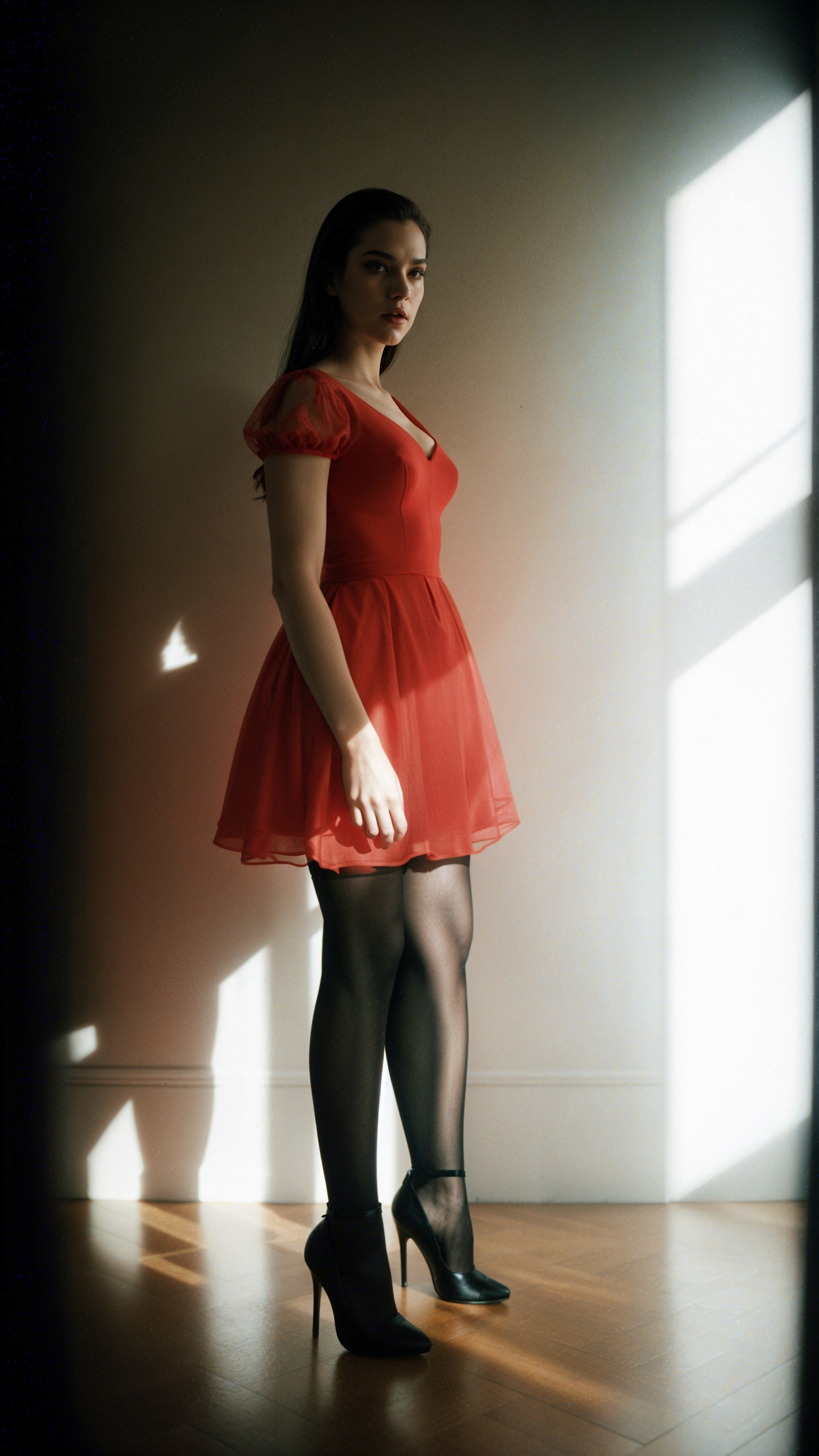 Confident Woman in Red Dress with Sheer Tights