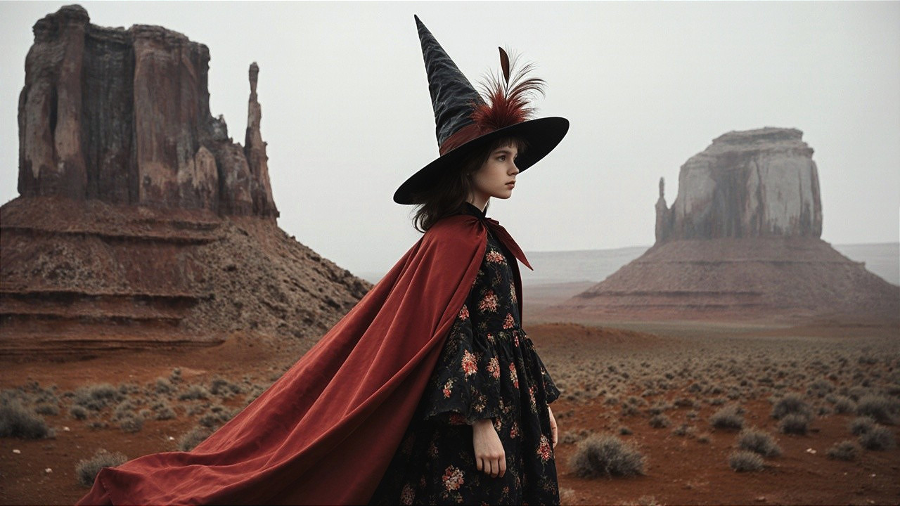 Young woman in dark floral dress in arid landscape