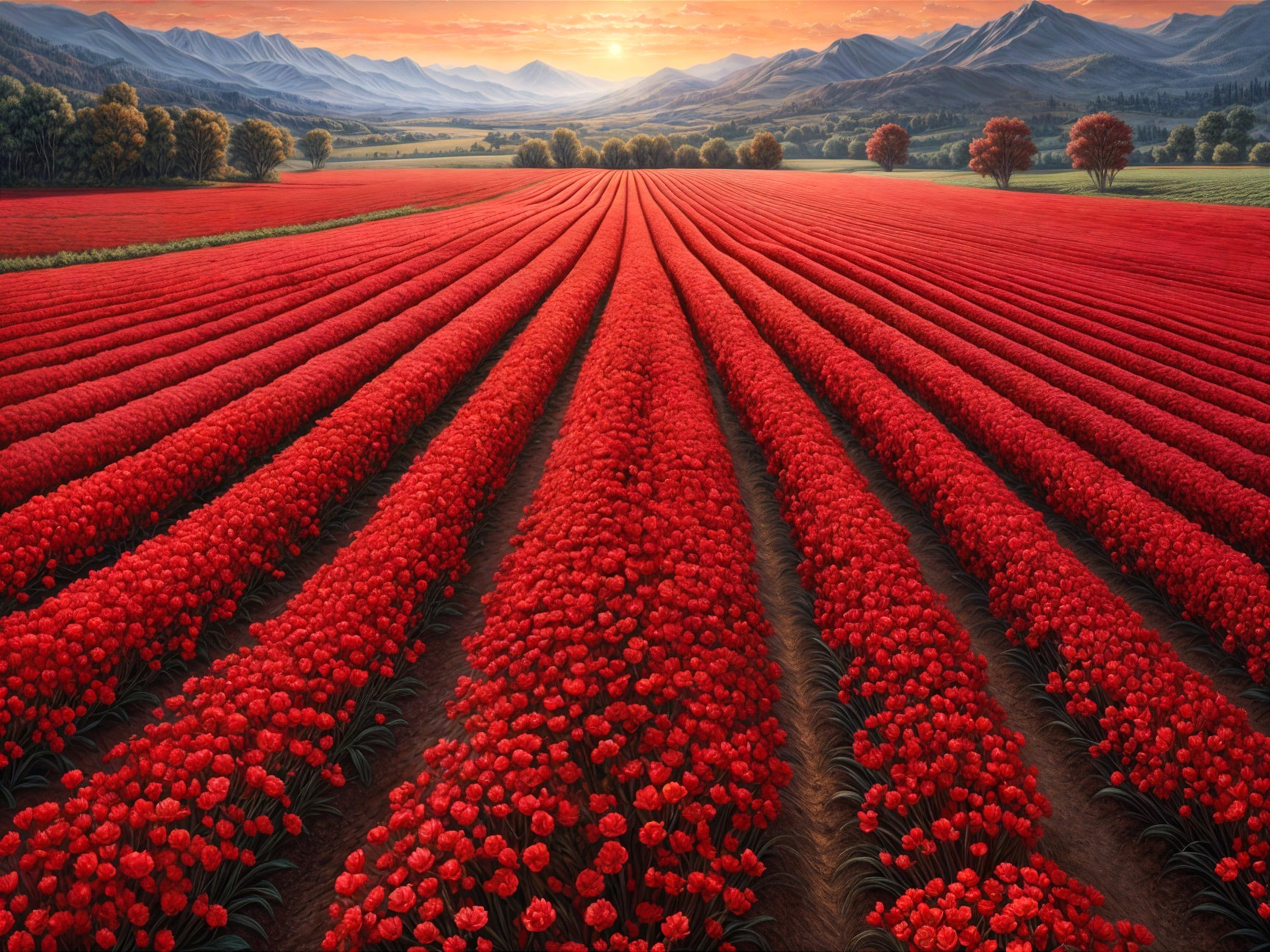 Vibrant Red Tulip Fields with Majestic Mountains