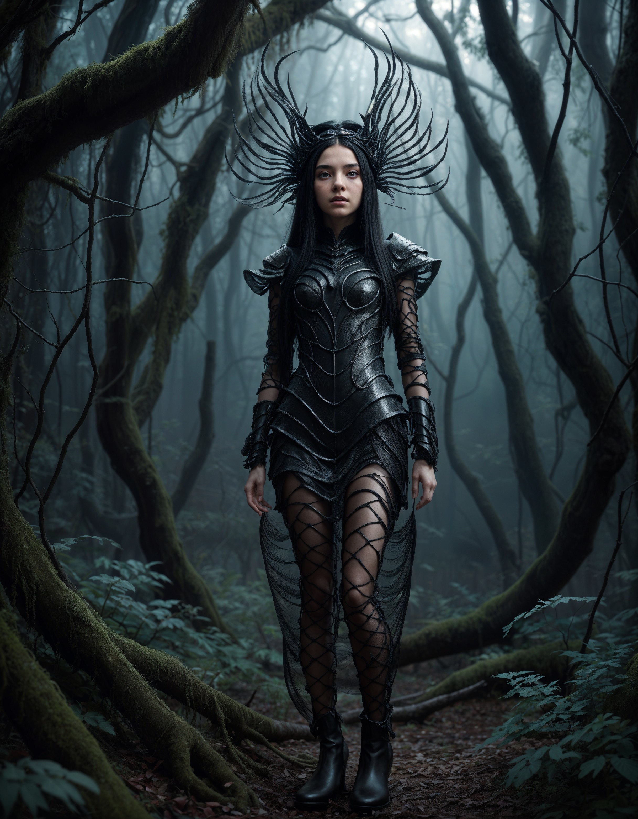 Mystical Forest Figure in Elaborate Black Outfit