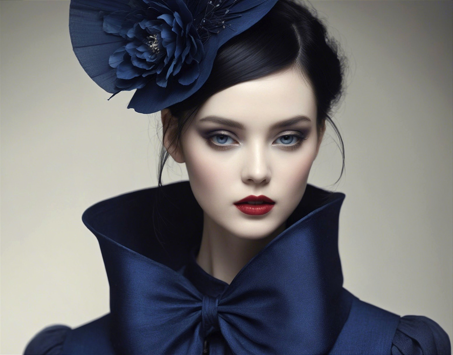 Photorealistic portrait of a woman in dark blue attire