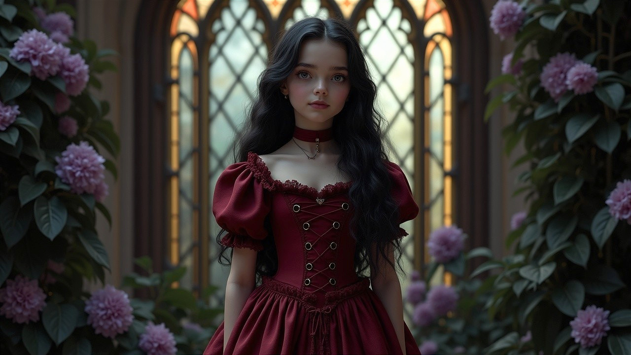Young girl in red gown among lush greenery and flowers