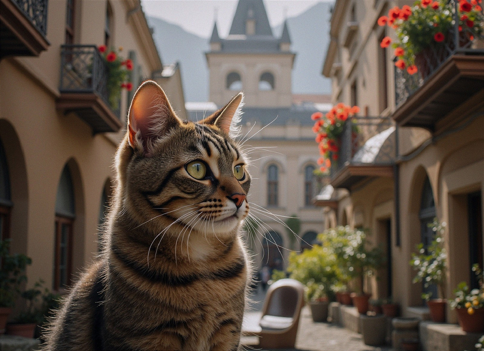 Majestic tabby cat in a vibrant urban scene