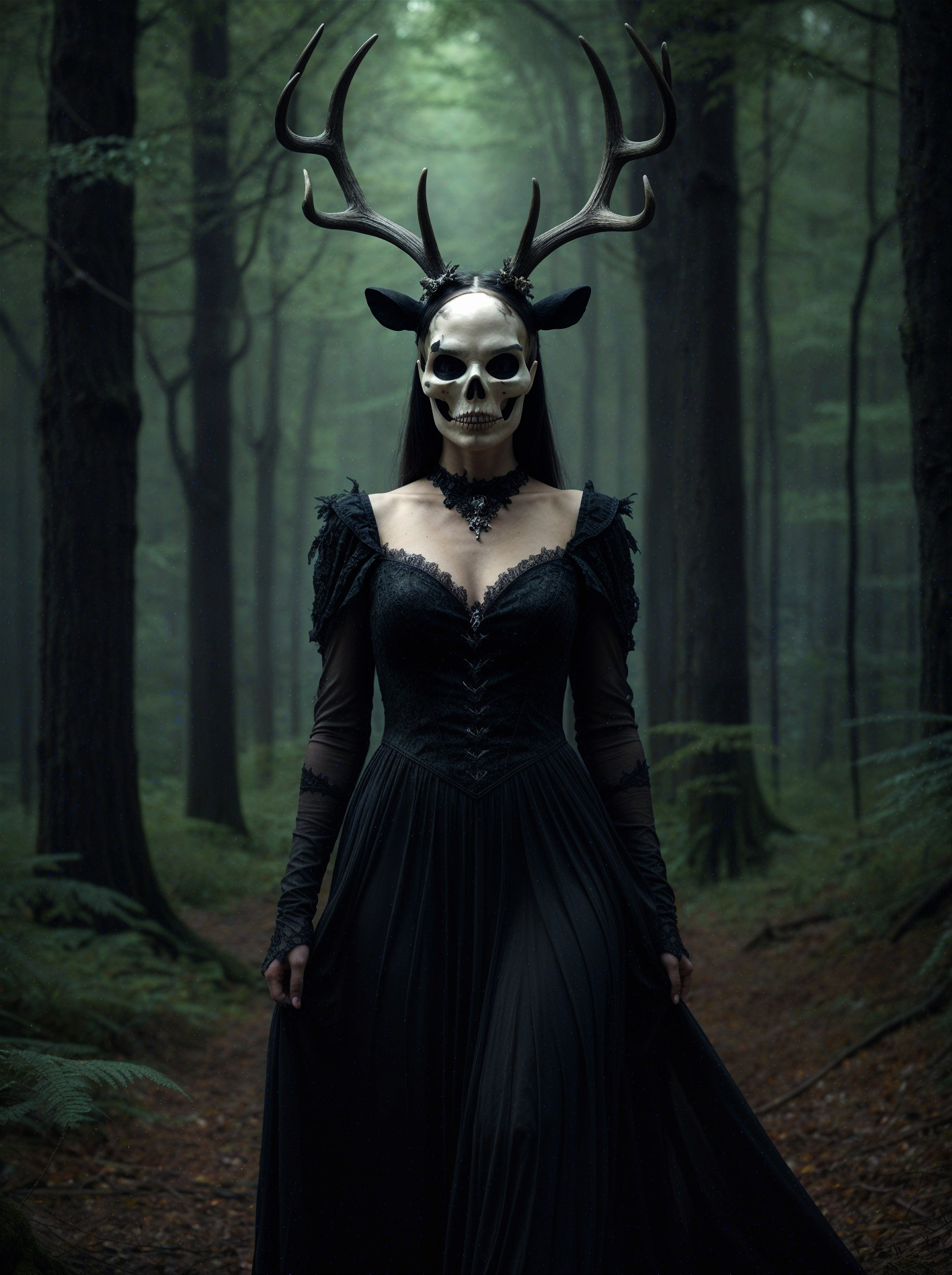 Mysterious Figure in Black Gown and Skull Mask in Forest