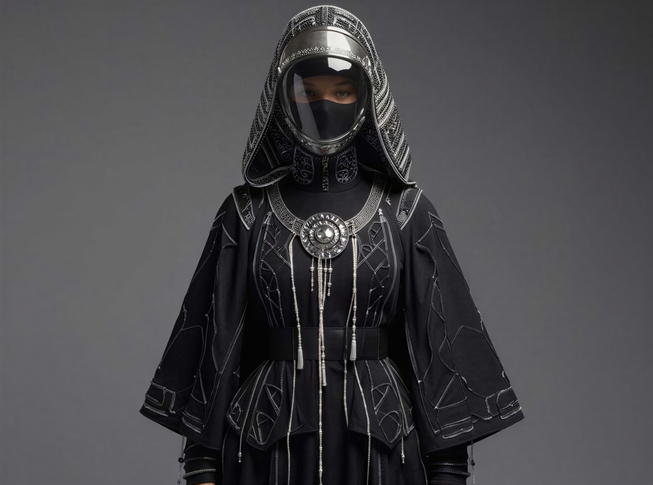 Person in Black Cloak with Futuristic Visor and Medallion