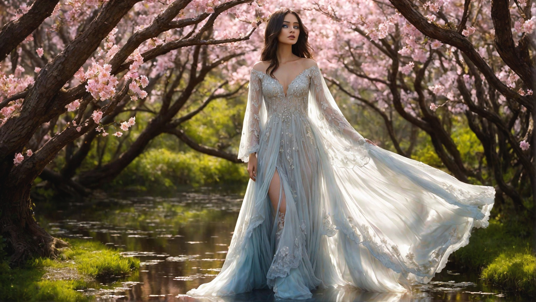 Ethereal Figure in Cherry Blossom Landscape