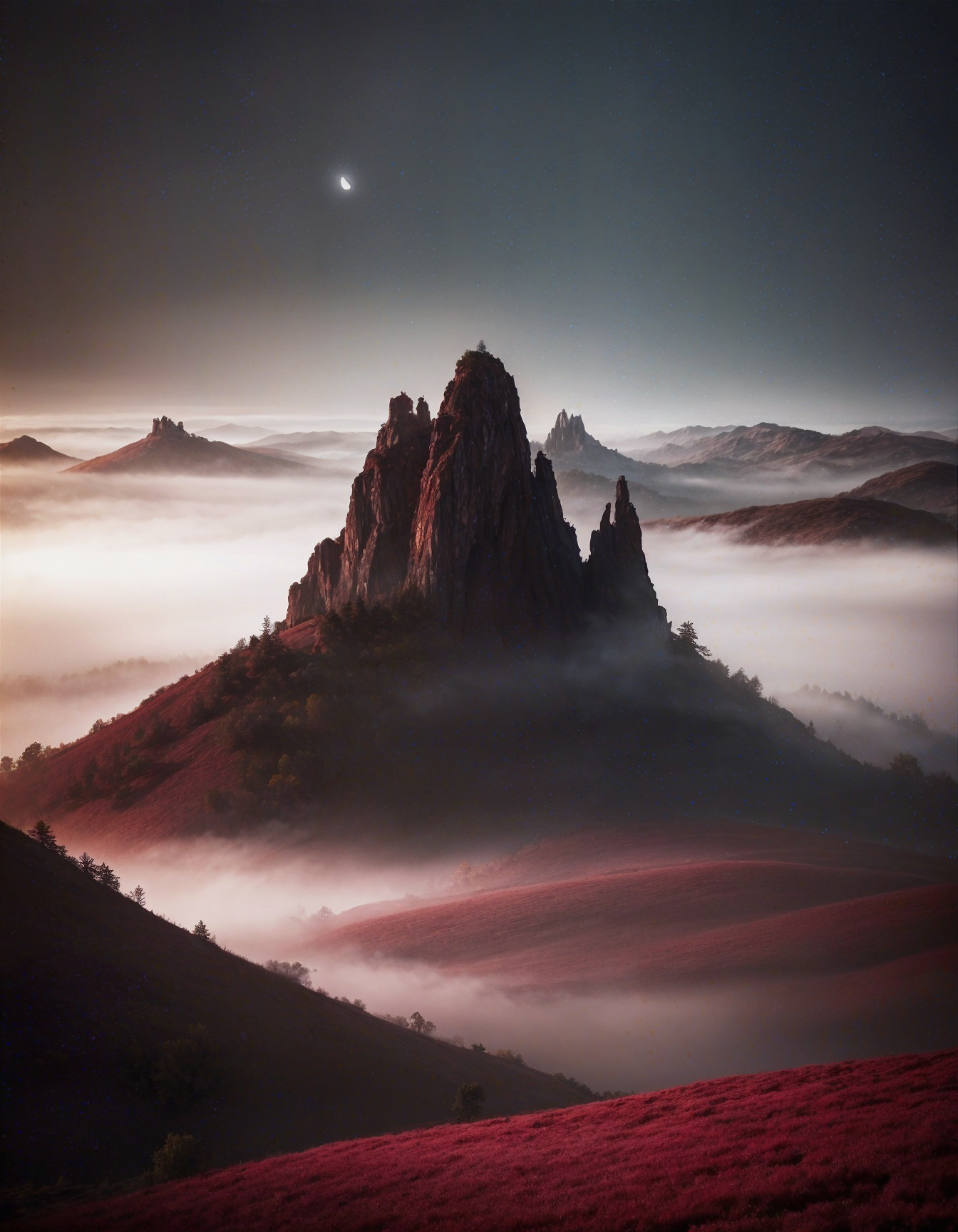 Twilight Landscape with Rock Formations and Fog