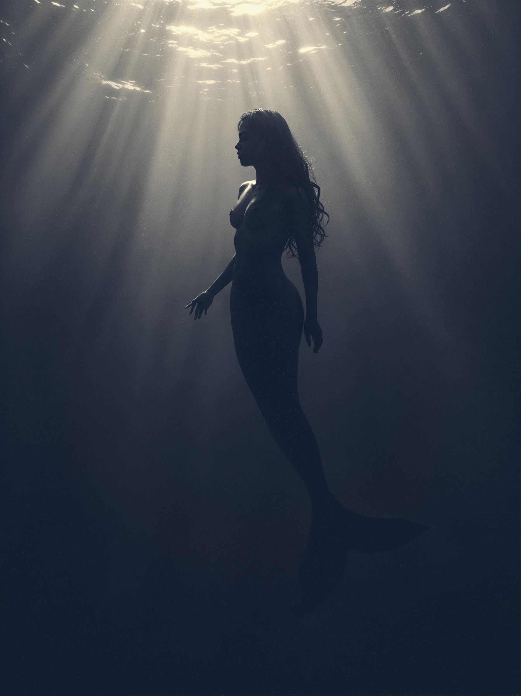 Underwater Scene Featuring a Silhouette of a Mermaid