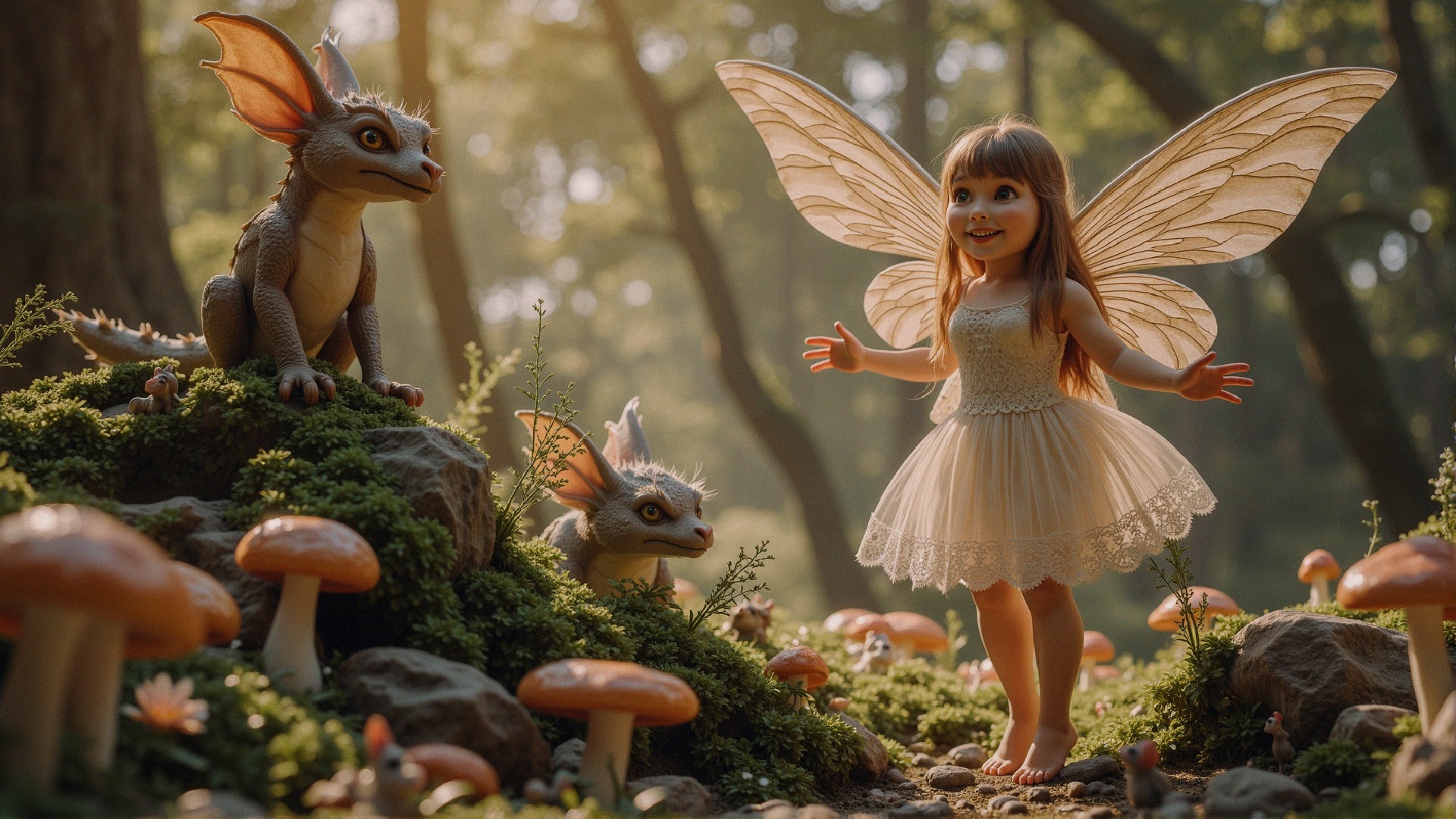 Whimsical Forest Scene with Girl and Fantastical Creatures