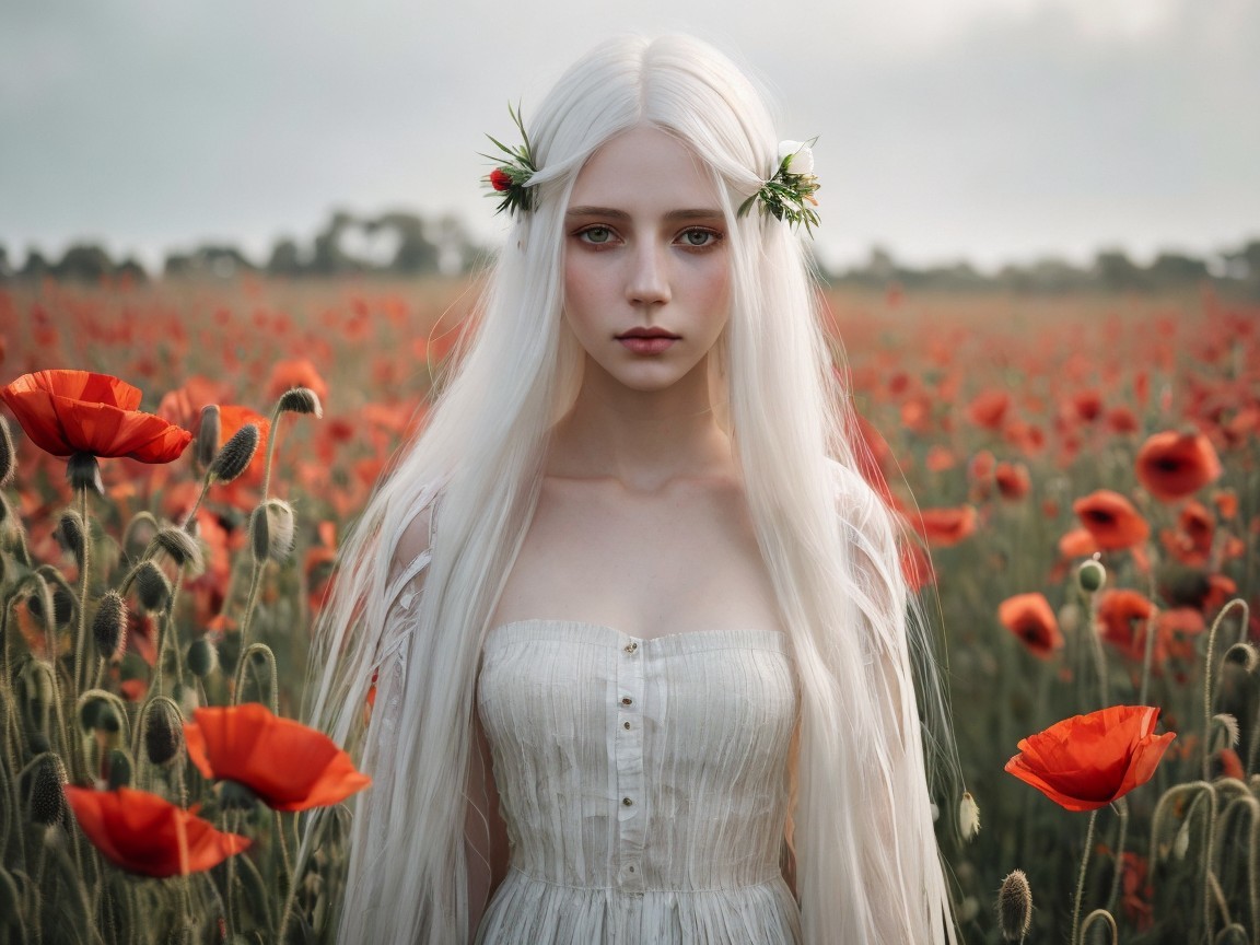 Young woman in a poppy field with white hair and dress
