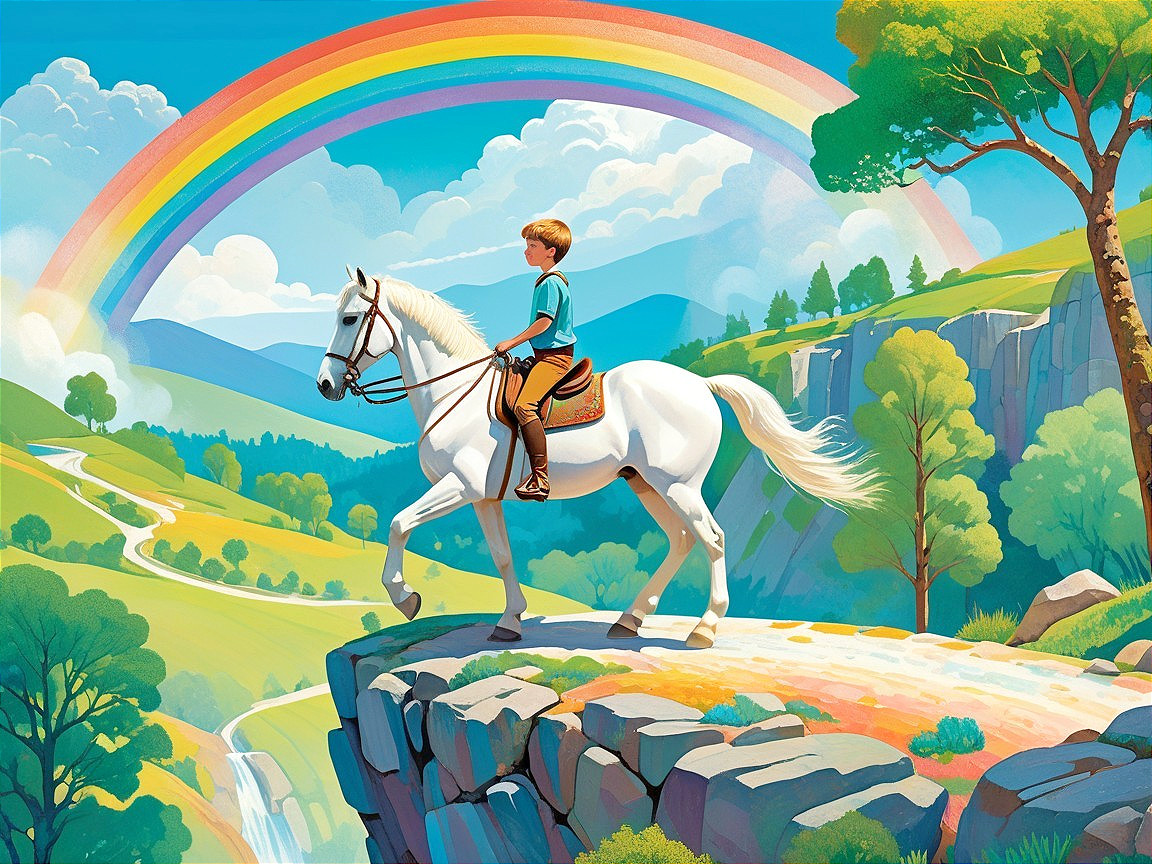 Young boy on white horse in vibrant valley landscape