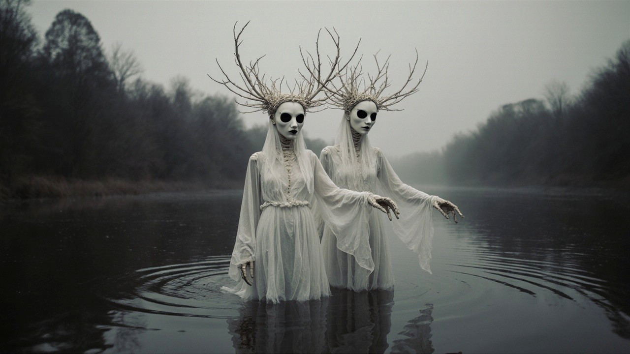 Eerie Figures in Misty Landscape with Hollow Eyes