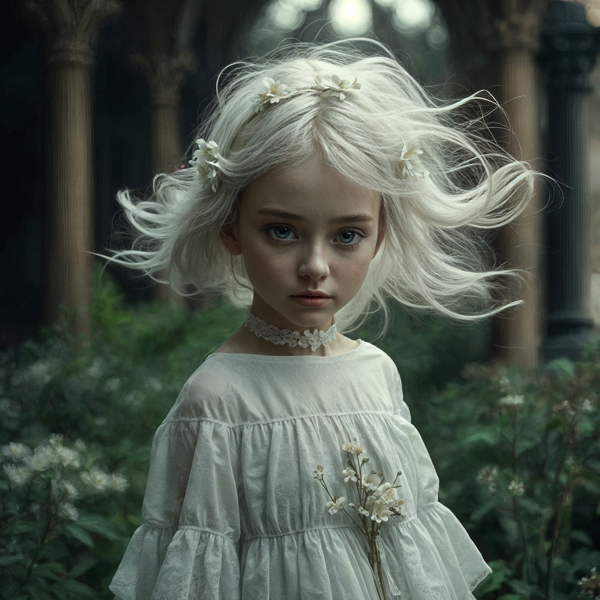 Young girl in ethereal setting with white hair and flowers