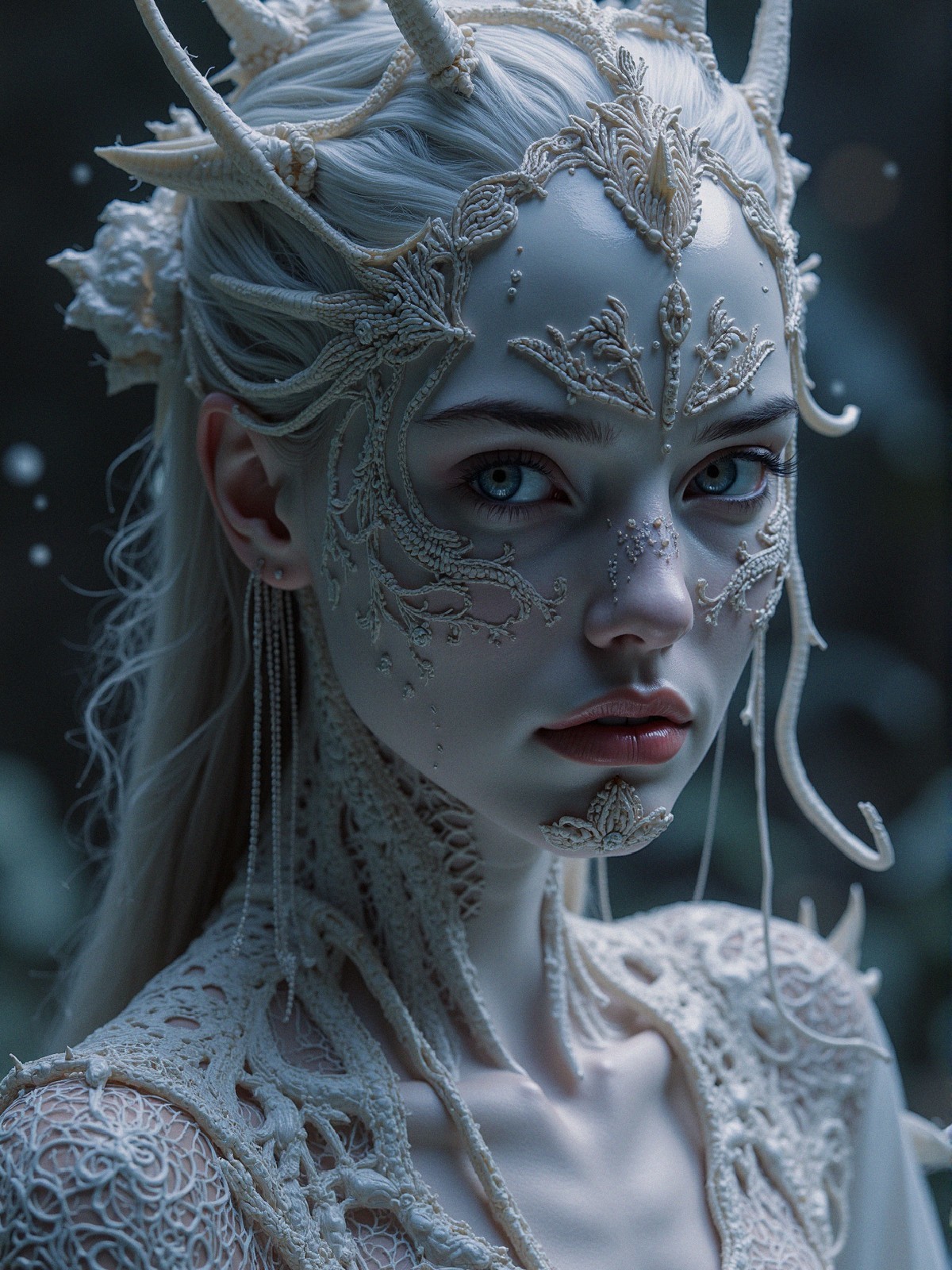 Ethereal Model with Intricate White and Silver Embellishments
