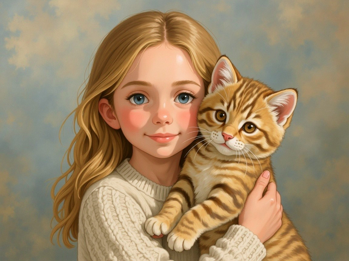 Young girl cuddling orange tabby kitten in cozy setting