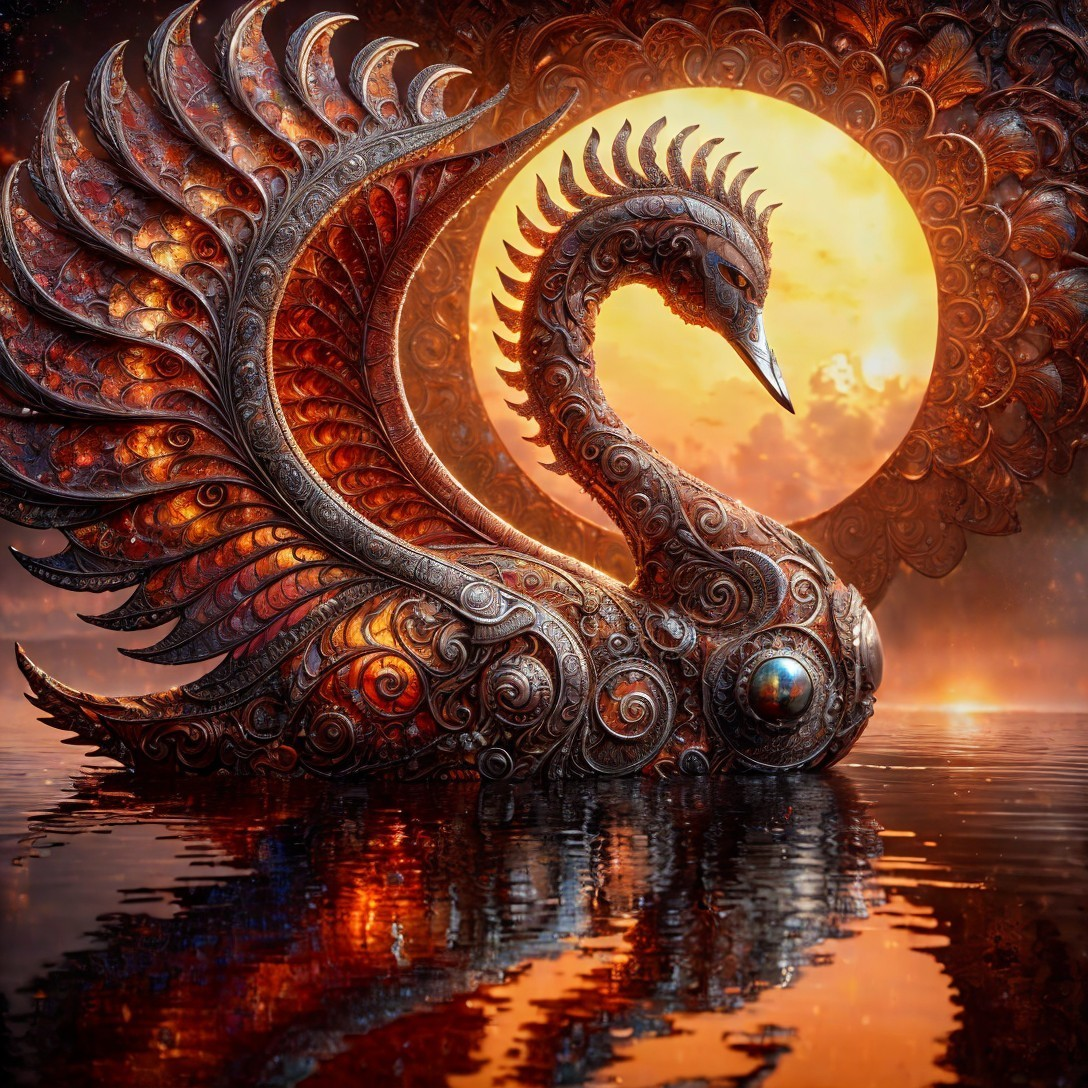 Intricate Metallic Swan Design in Sunset Reflection