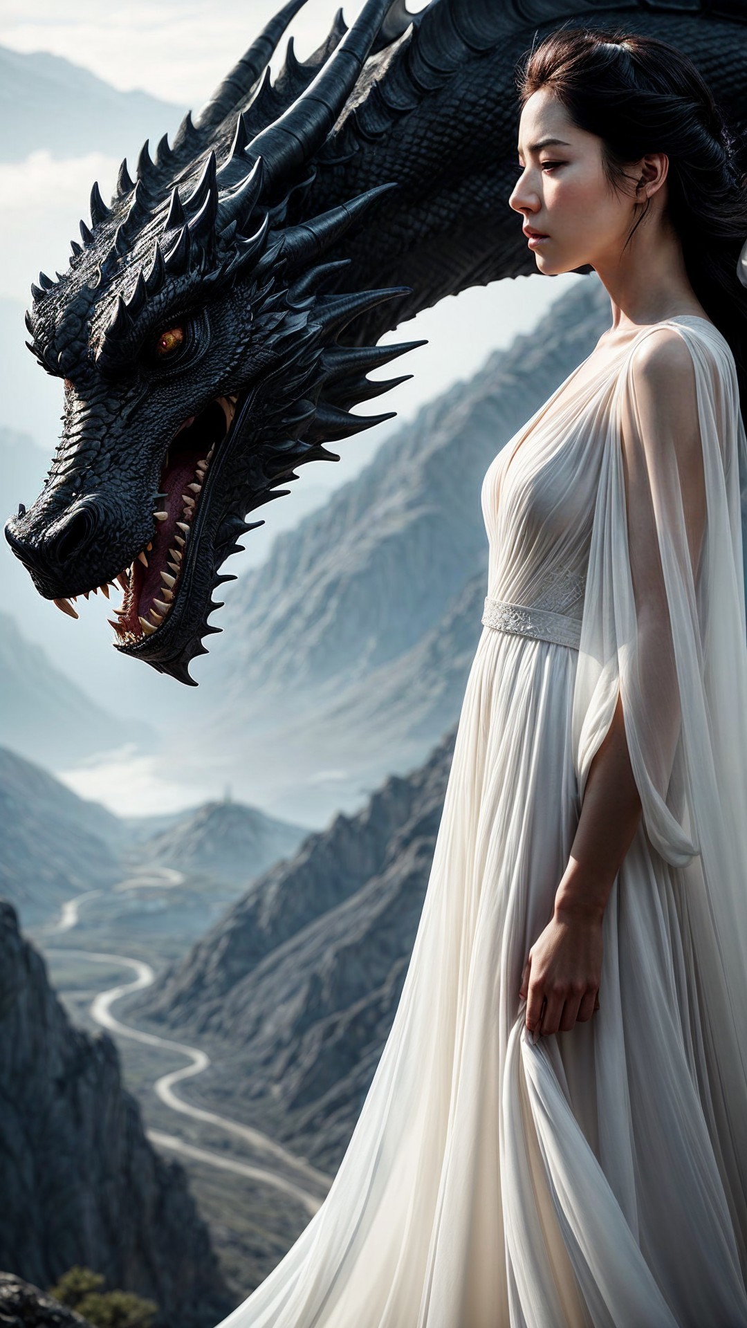 Majestic Mountain Landscape with Dragon and Woman