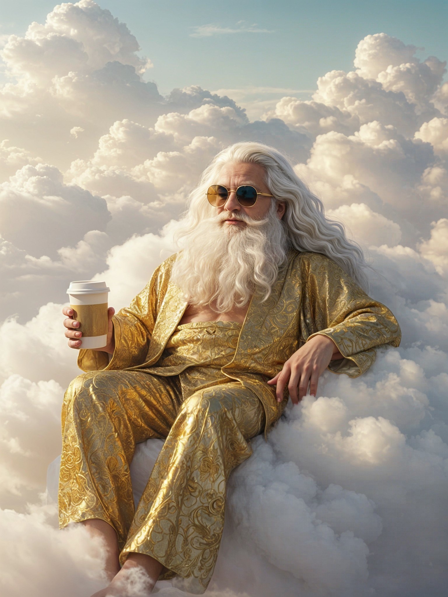 Whimsical Figure on Clouds in Gold Outfit and Sunglasses