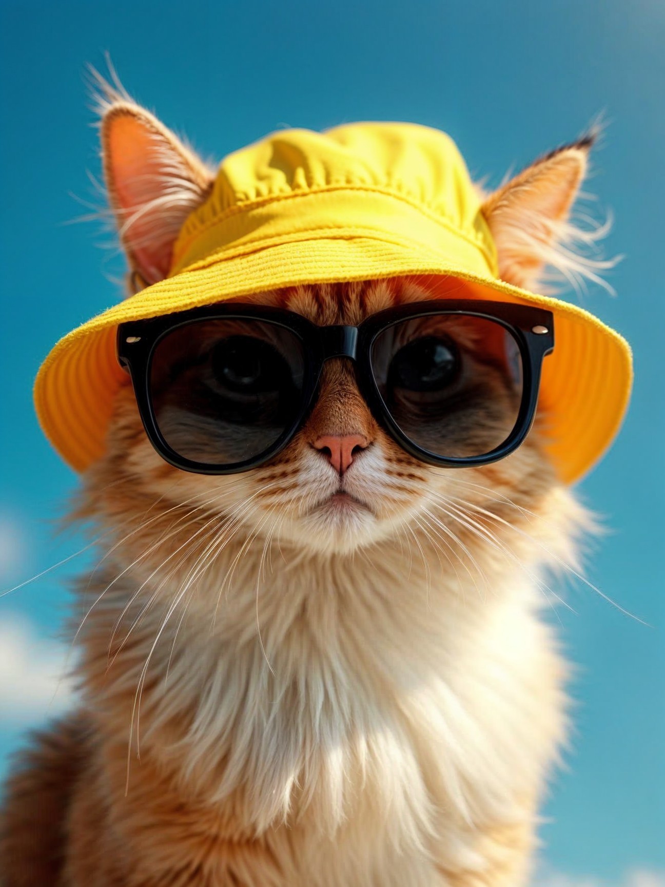 Feline in Yellow Hat and Sunglasses Against Blue Sky