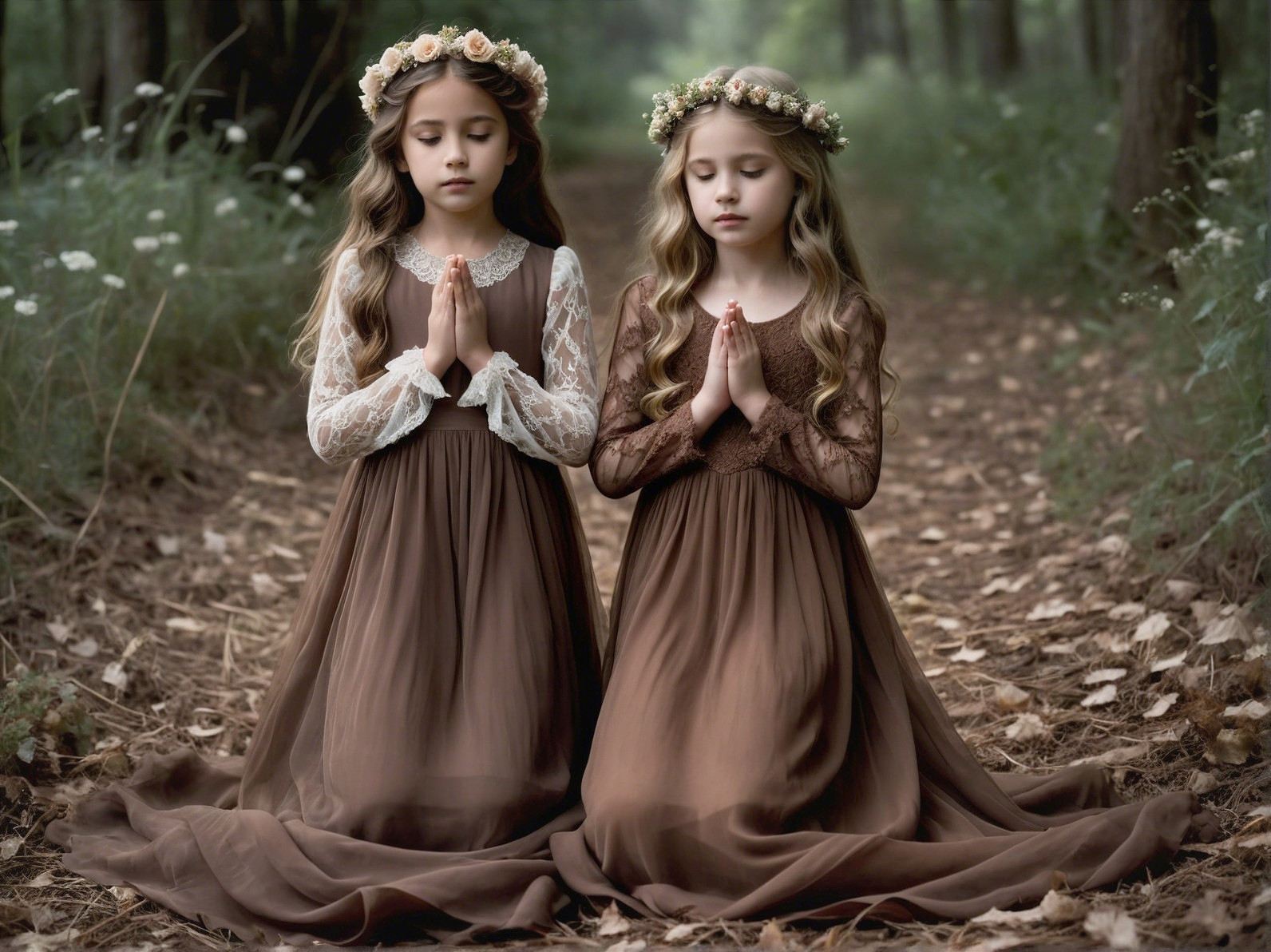 Young girls in elegant dresses kneel in tranquil forest