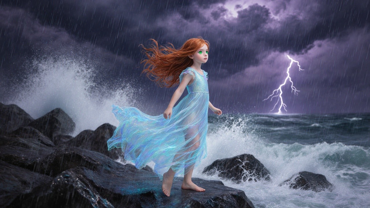 Young girl on rocks by ocean with stormy sky