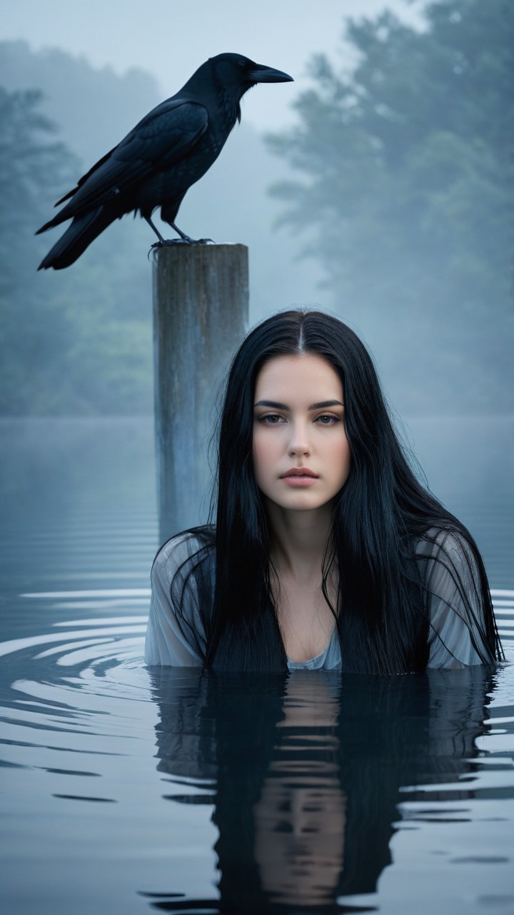 Young woman in misty water with raven nearby