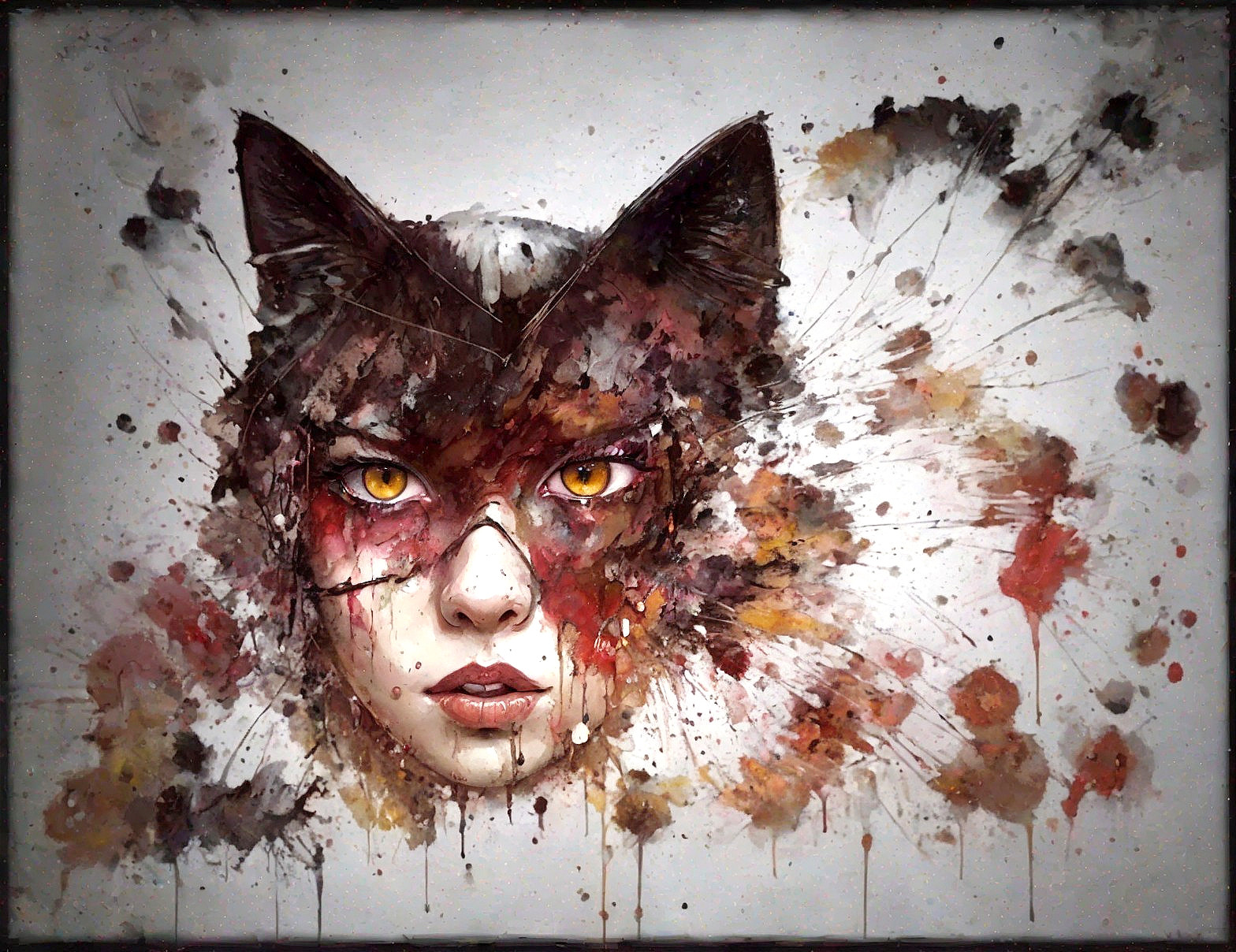 Artwork featuring person's face blended with cat's features and intense yellow eyes.